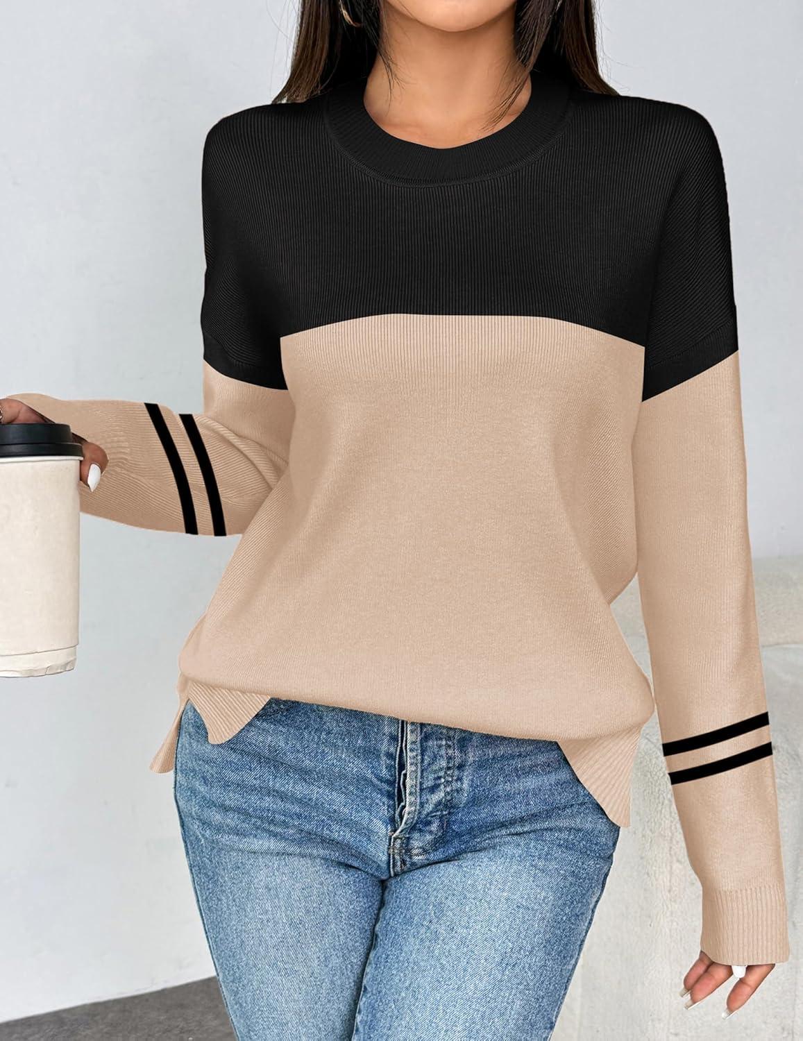 imageZeagoo Womens Crewneck Pullover Sweater Long Sleeve Knit Side Slit 2025 Fall Winter Sweater TopsApricot Black Stripe