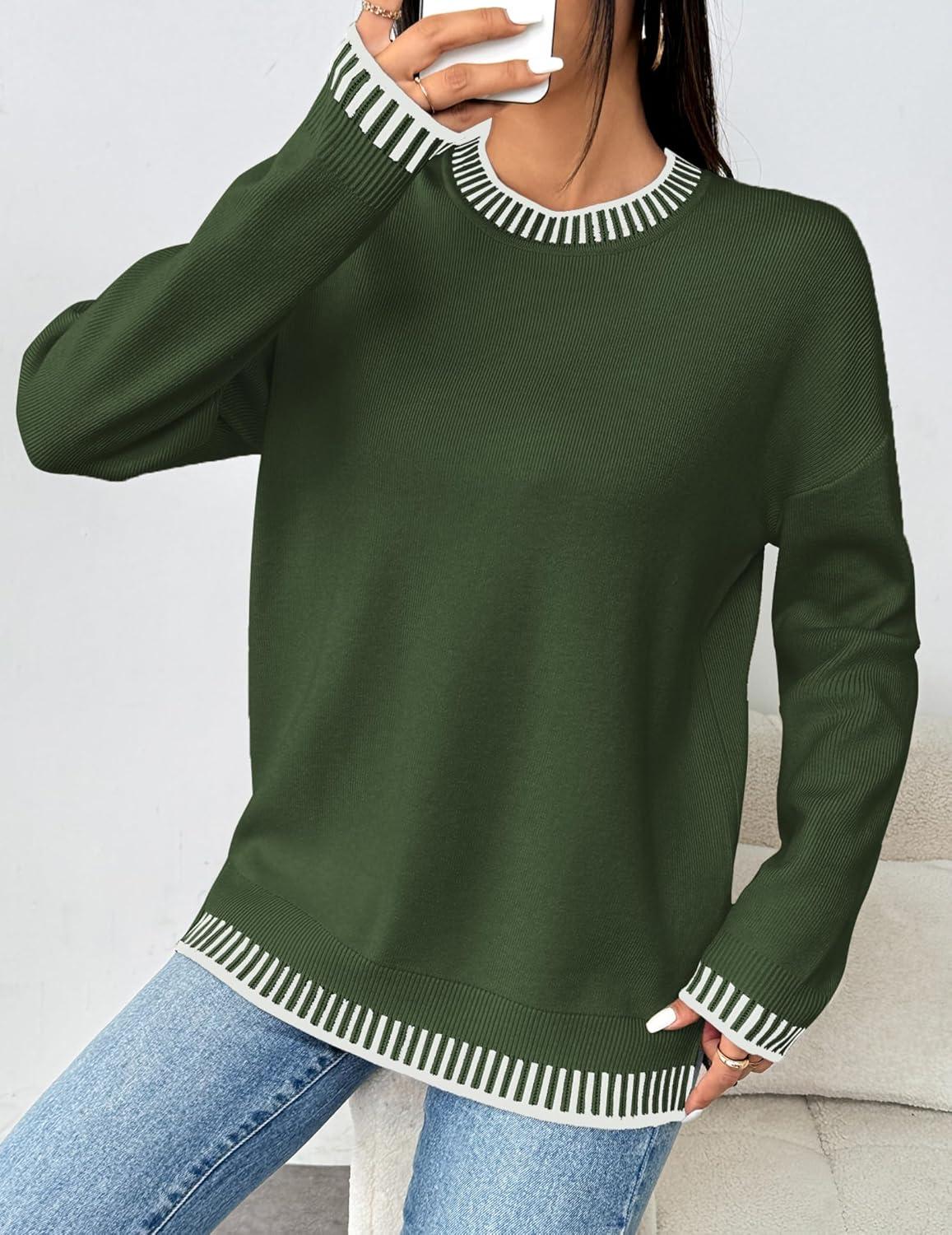imageZeagoo Womens Crewneck Pullover Sweater Long Sleeve Knit Side Slit 2025 Fall Winter Sweater TopsArmy Green