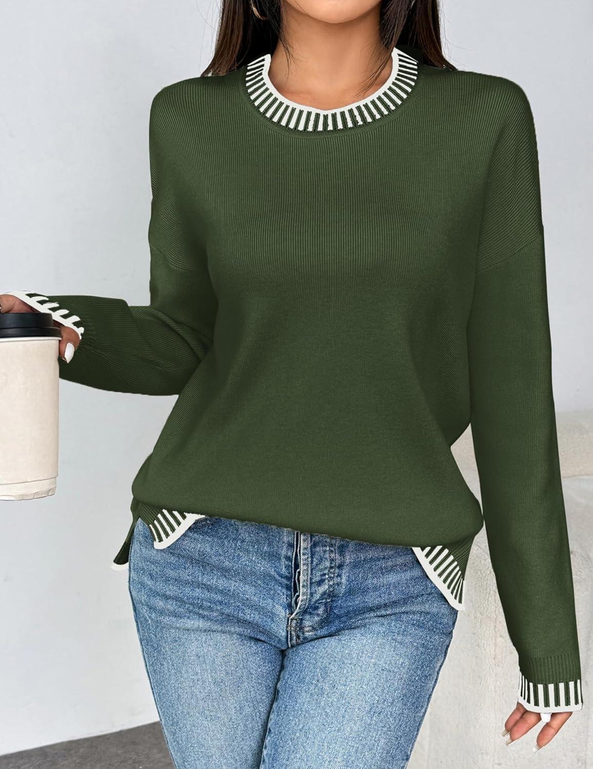 imageZeagoo Womens Crewneck Pullover Sweater Long Sleeve Knit Side Slit 2025 Fall Winter Sweater TopsArmy Green