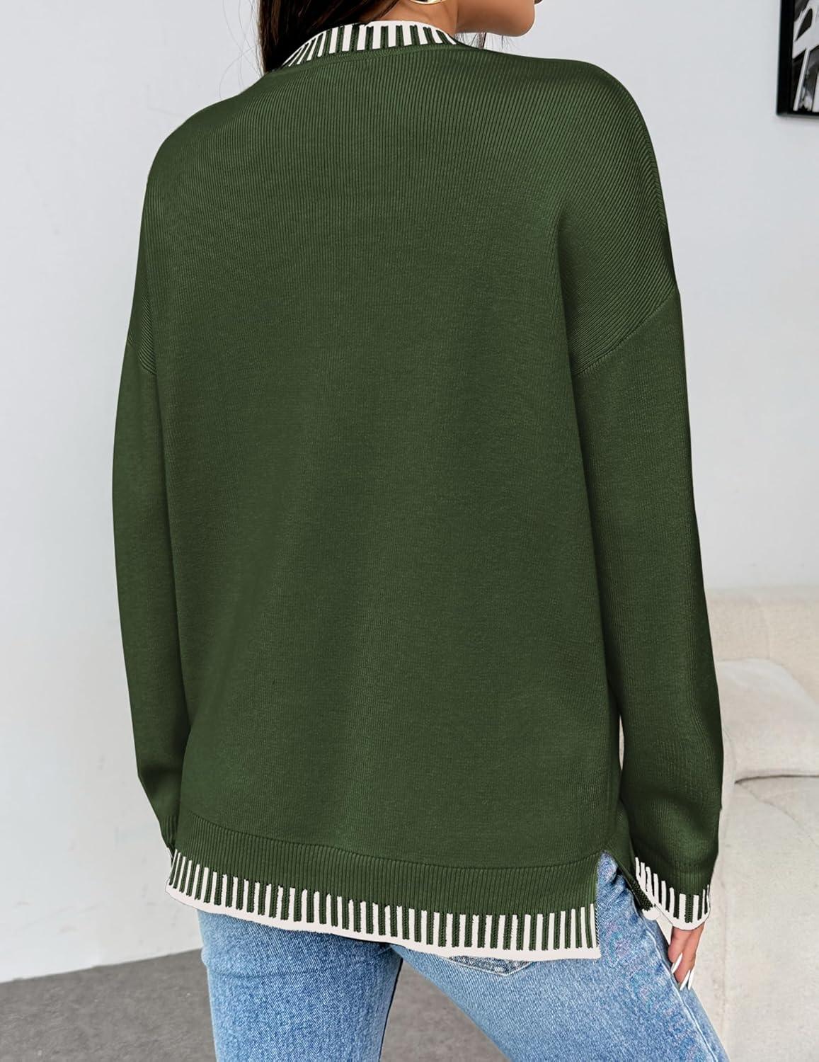 imageZeagoo Womens Crewneck Pullover Sweater Long Sleeve Knit Side Slit 2025 Fall Winter Sweater TopsArmy Green