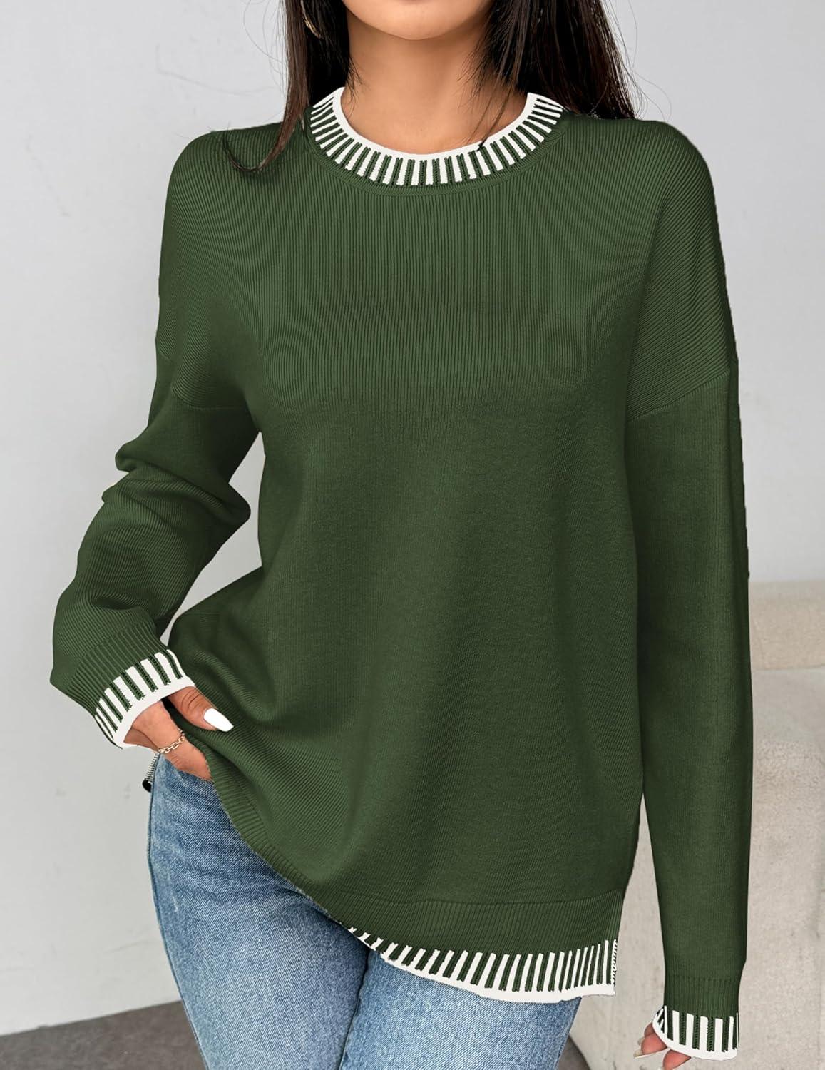 imageZeagoo Womens Crewneck Pullover Sweater Long Sleeve Knit Side Slit 2025 Fall Winter Sweater TopsArmy Green
