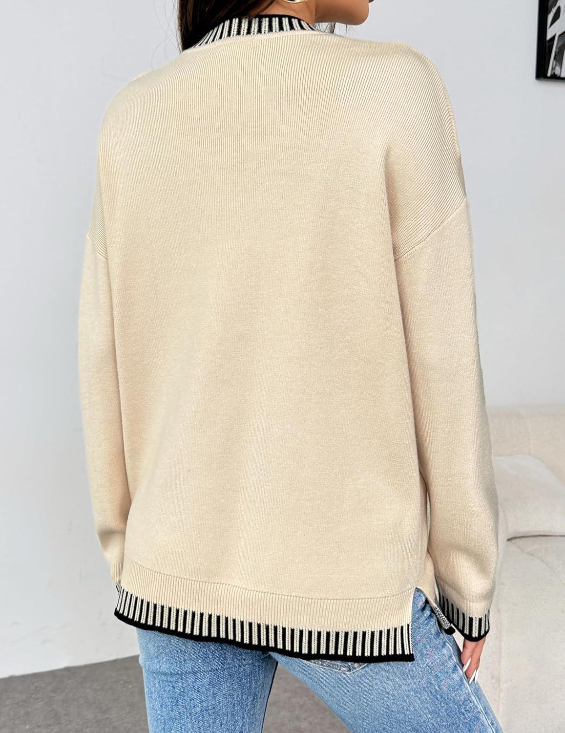 imageZeagoo Womens Crewneck Pullover Sweater Long Sleeve Knit Side Slit 2025 Fall Winter Sweater TopsBeige