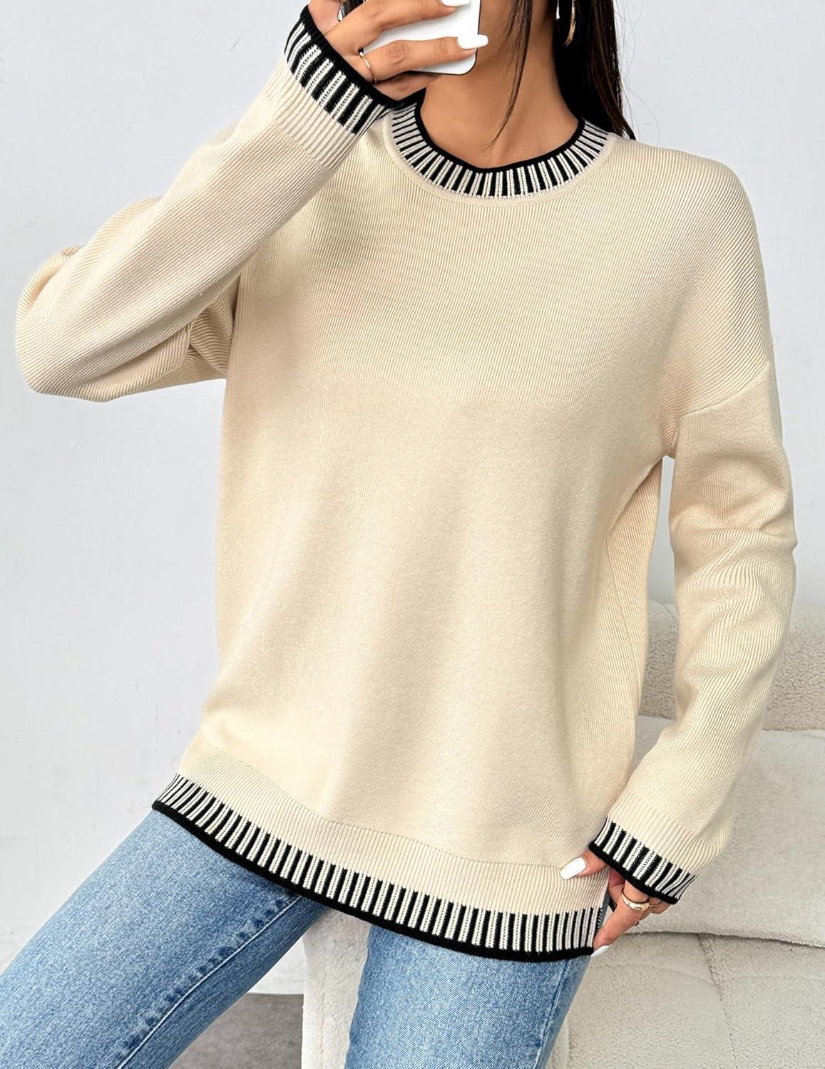 imageZeagoo Womens Crewneck Pullover Sweater Long Sleeve Knit Side Slit 2025 Fall Winter Sweater TopsBeige