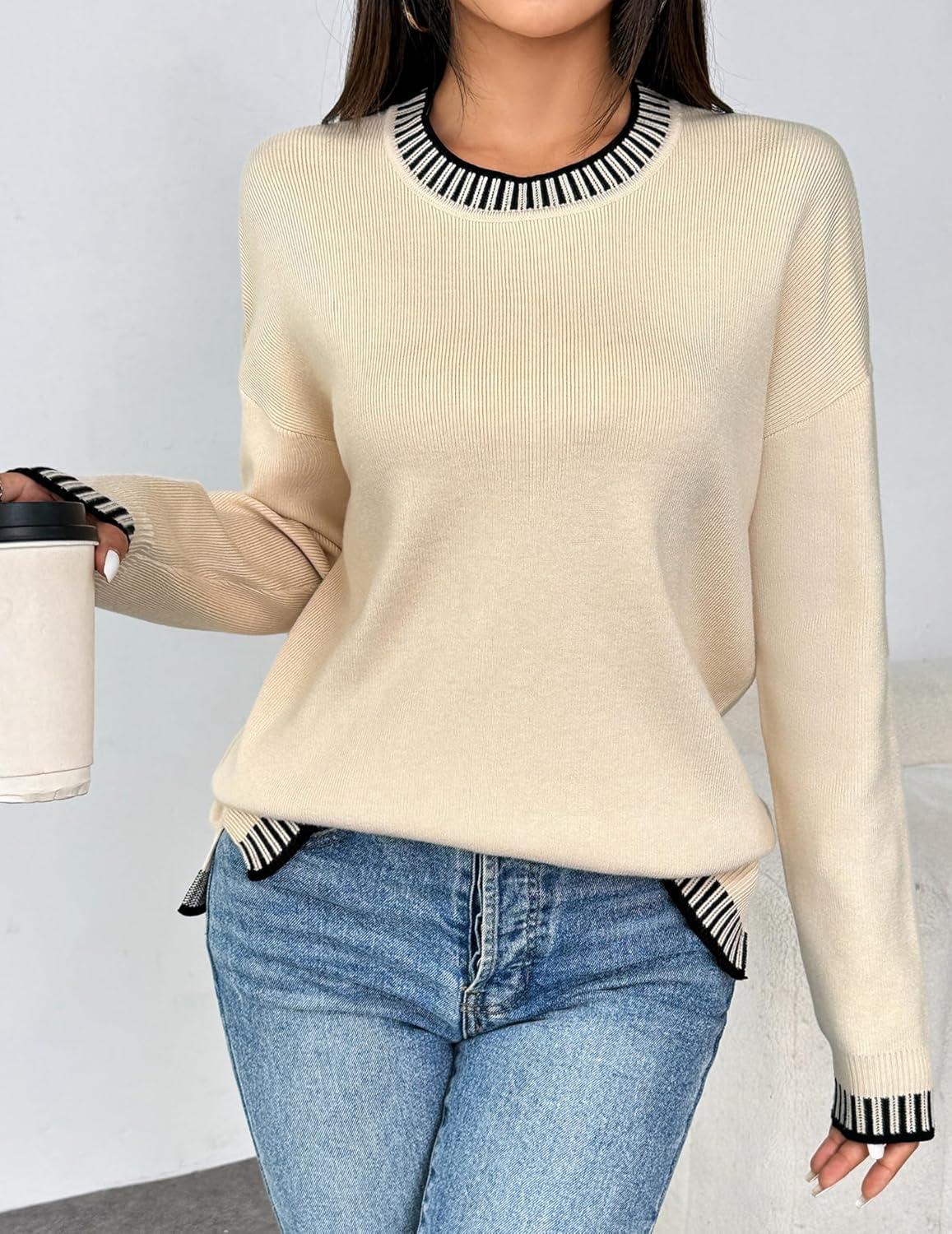 imageZeagoo Womens Crewneck Pullover Sweater Long Sleeve Knit Side Slit 2025 Fall Winter Sweater TopsBeige