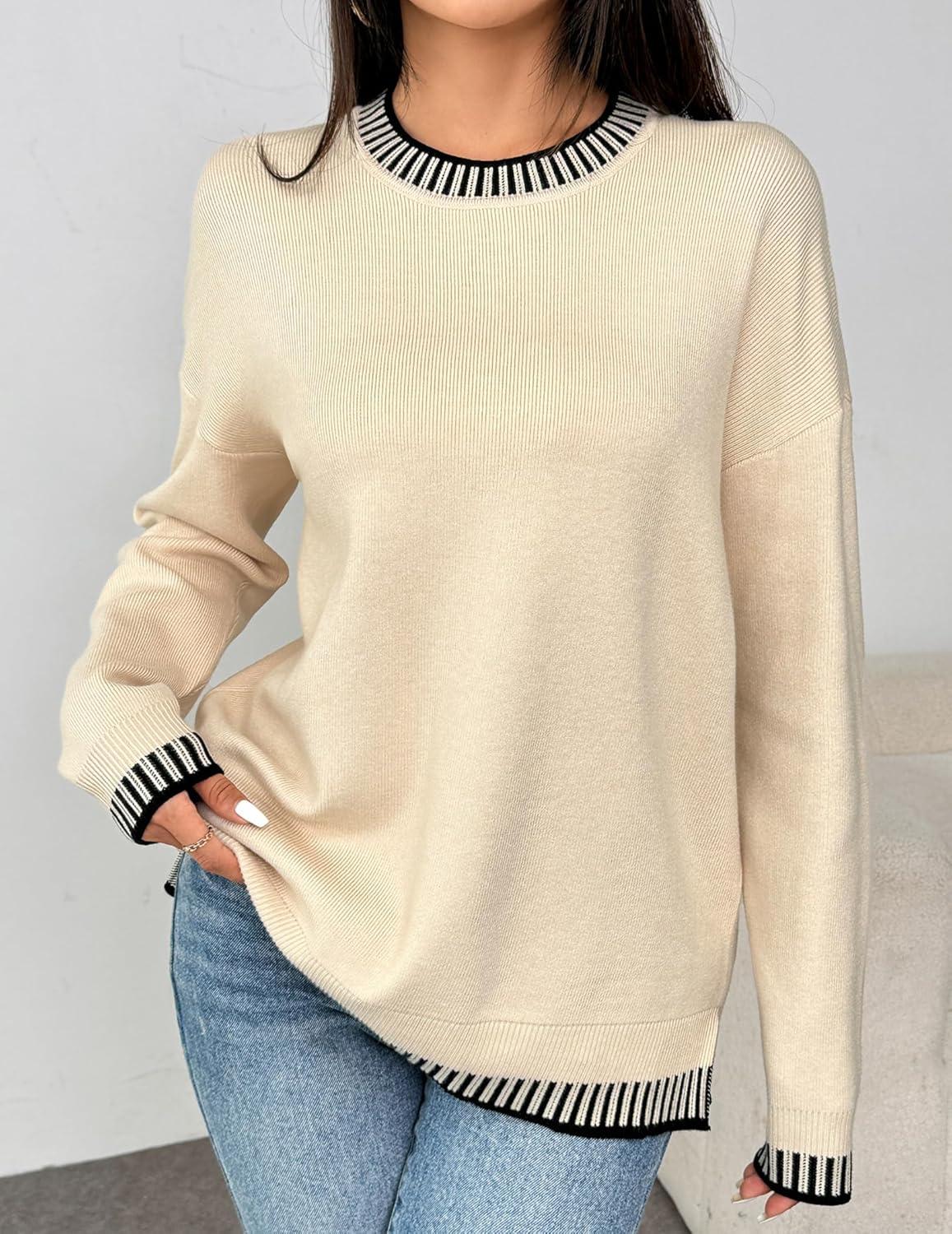 imageZeagoo Womens Crewneck Pullover Sweater Long Sleeve Knit Side Slit 2025 Fall Winter Sweater TopsBeige