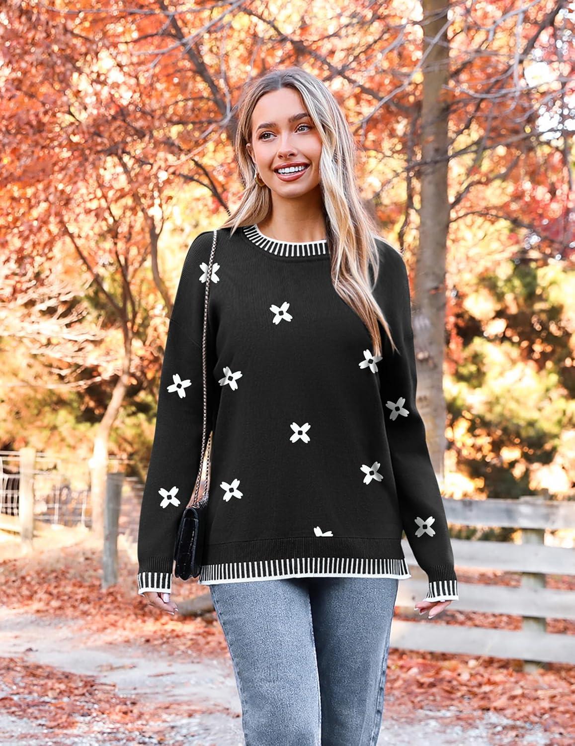imageZeagoo Womens Crewneck Pullover Sweater Long Sleeve Knit Side Slit 2025 Fall Winter Sweater TopsBlack Floral