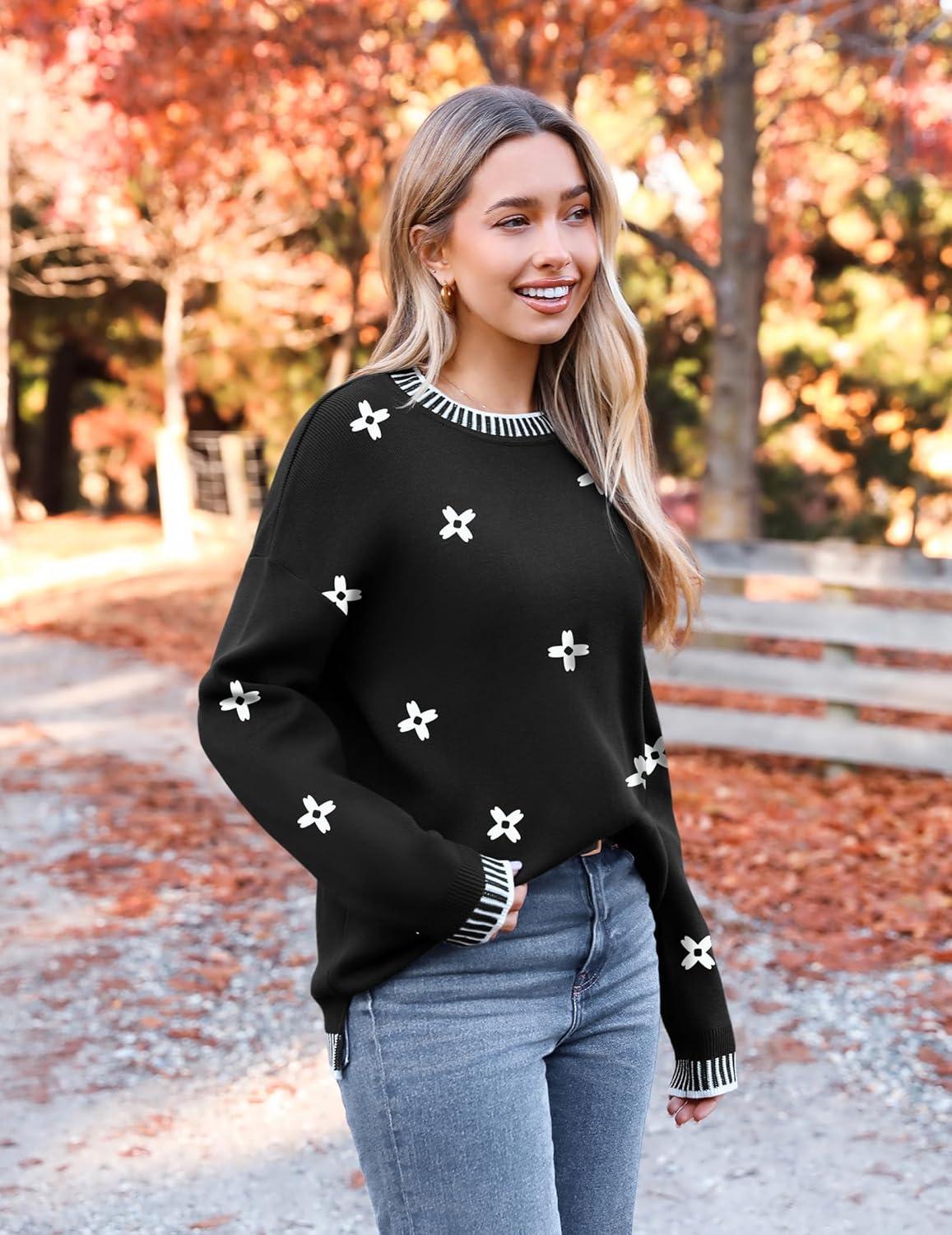 imageZeagoo Womens Crewneck Pullover Sweater Long Sleeve Knit Side Slit 2025 Fall Winter Sweater TopsBlack Floral