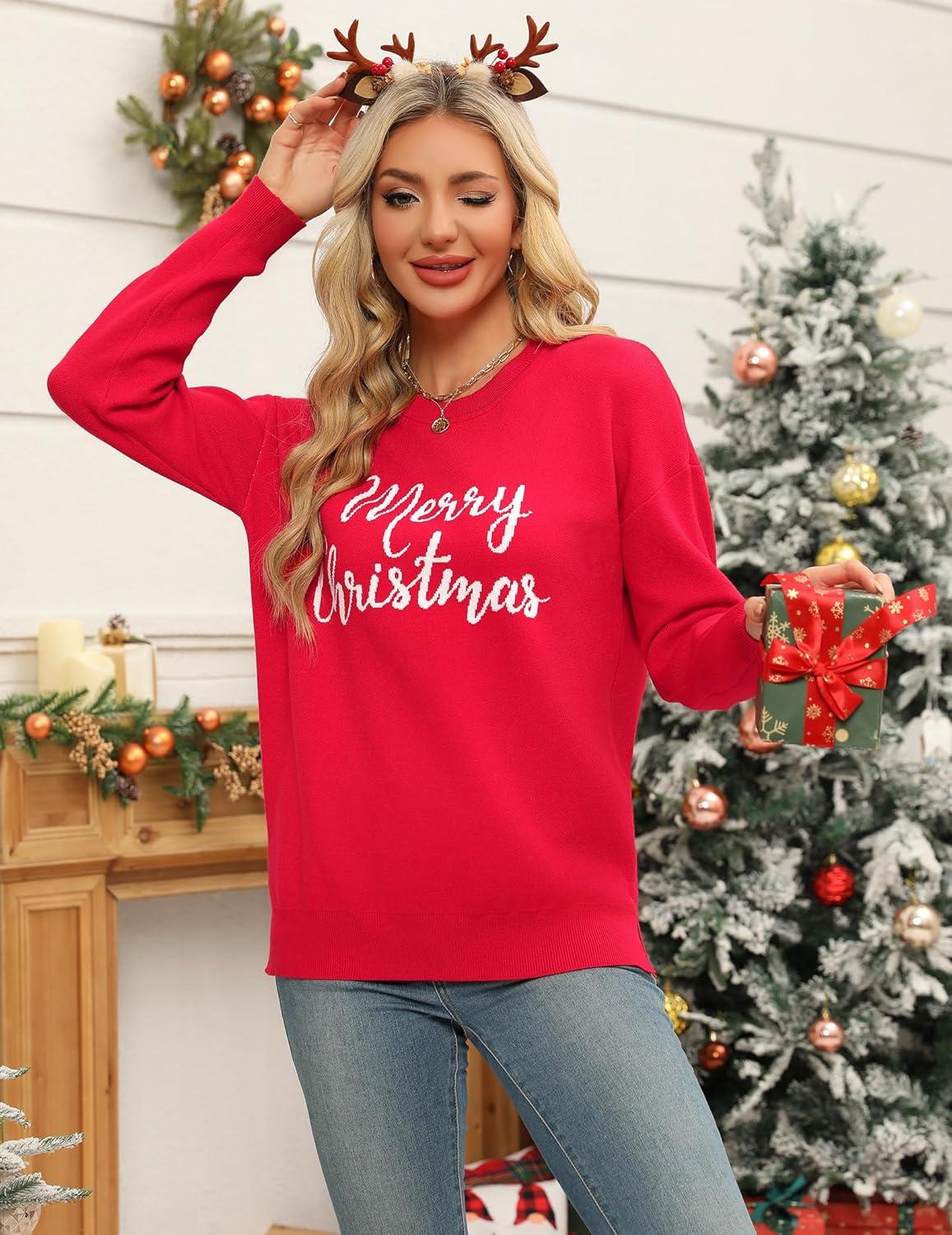 imageZeagoo Womens Crewneck Pullover Sweater Long Sleeve Knit Side Slit 2025 Fall Winter Sweater TopsChristmas Letter