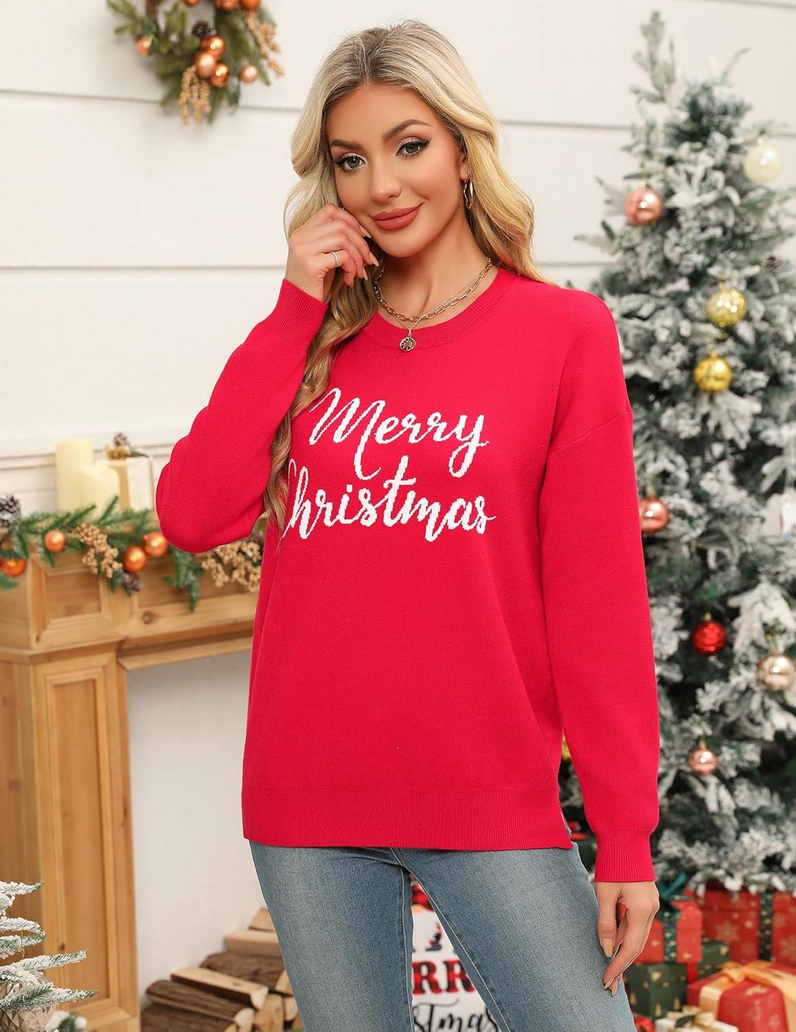imageZeagoo Womens Crewneck Pullover Sweater Long Sleeve Knit Side Slit 2025 Fall Winter Sweater TopsChristmas Letter