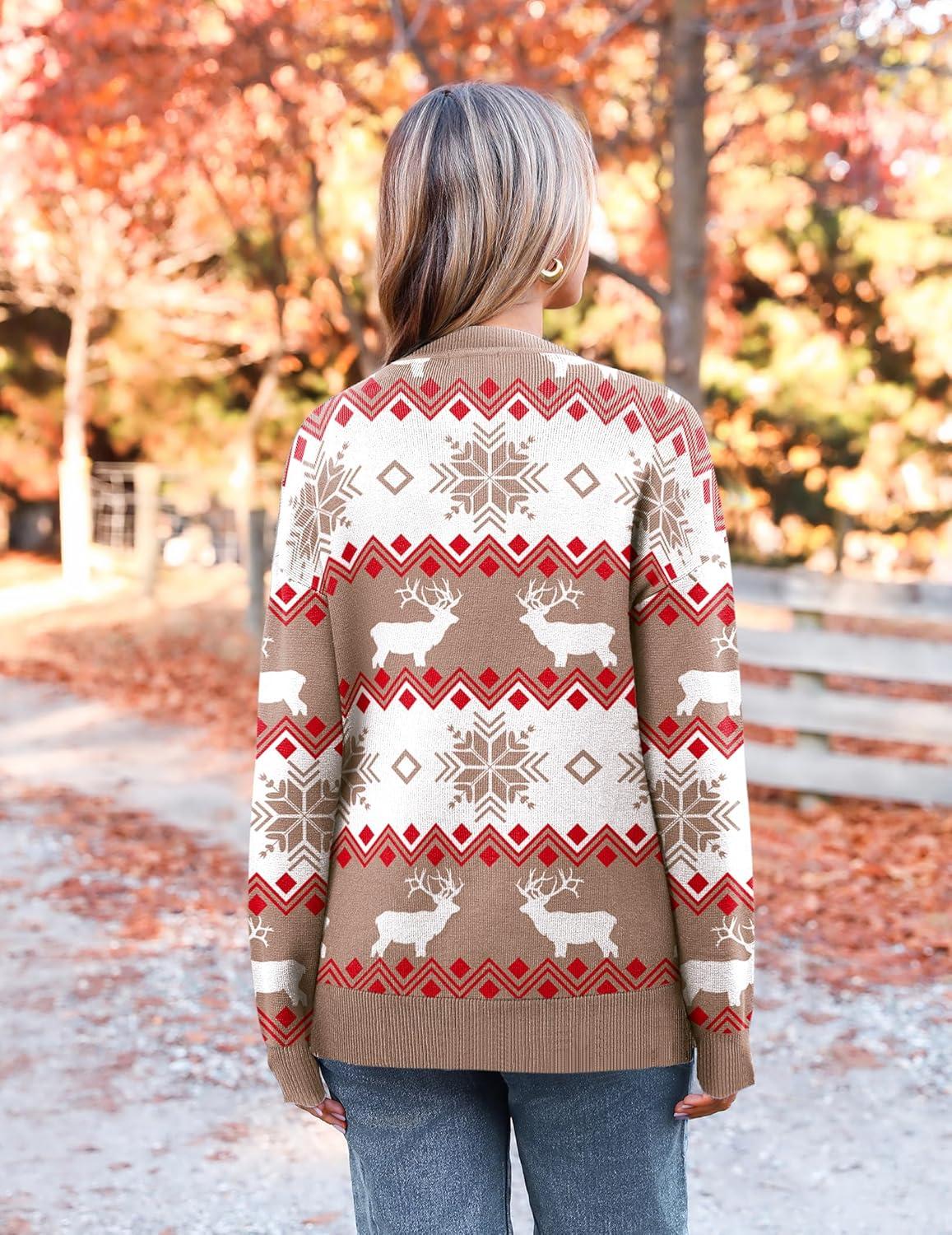 imageZeagoo Womens Crewneck Pullover Sweater Long Sleeve Knit Side Slit 2025 Fall Winter Sweater TopsElk Pattern