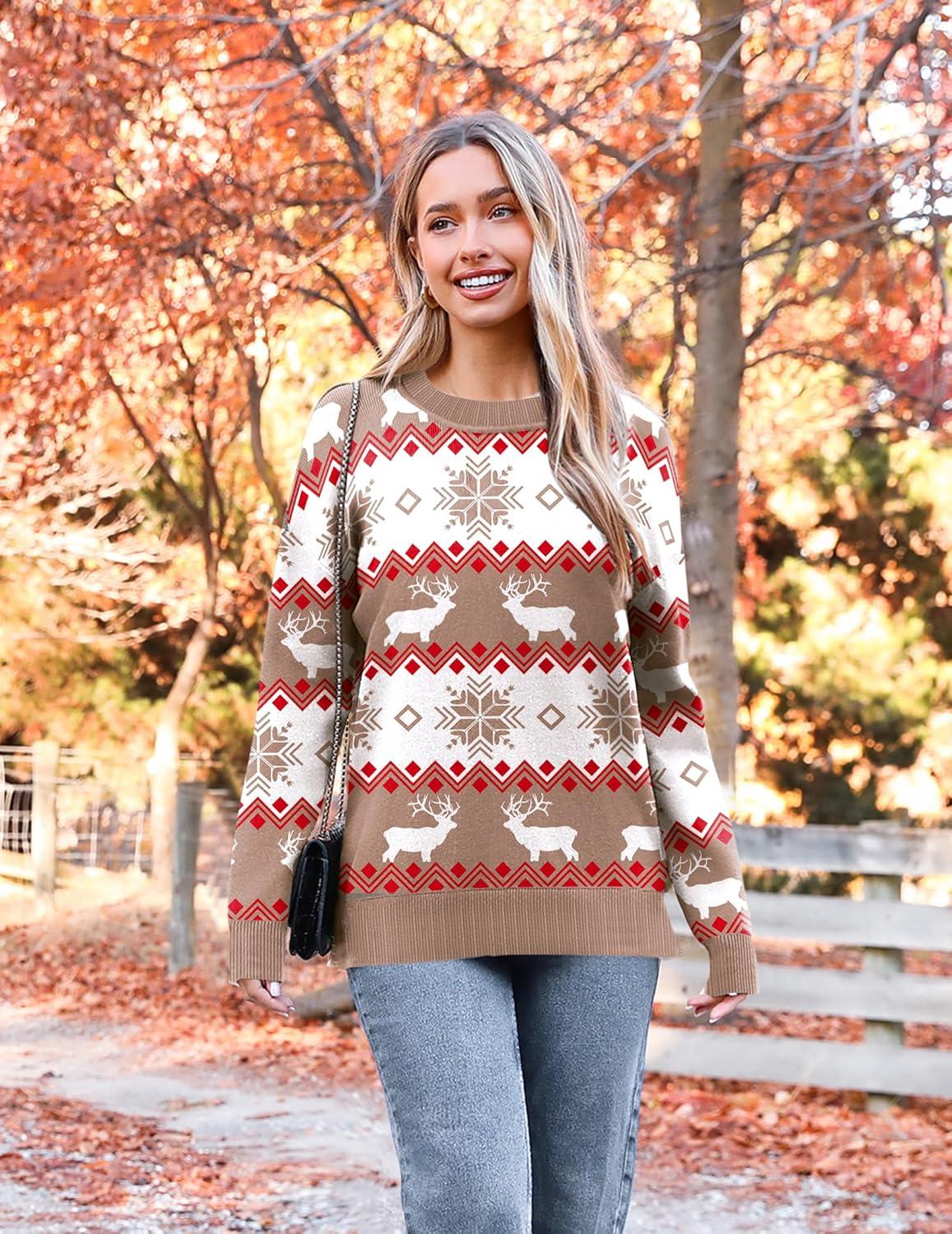 imageZeagoo Womens Crewneck Pullover Sweater Long Sleeve Knit Side Slit 2025 Fall Winter Sweater TopsElk Pattern