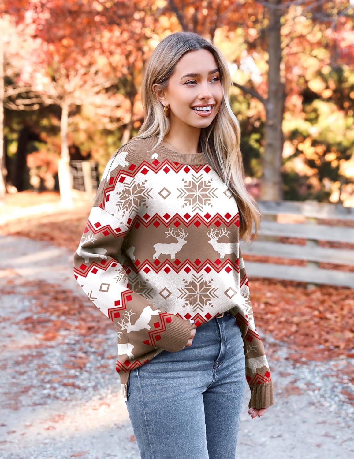 imageZeagoo Womens Crewneck Pullover Sweater Long Sleeve Knit Side Slit 2025 Fall Winter Sweater TopsElk Pattern