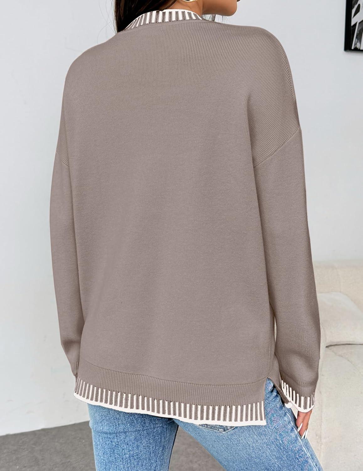 imageZeagoo Womens Crewneck Pullover Sweater Long Sleeve Knit Side Slit 2025 Fall Winter Sweater TopsKhaki