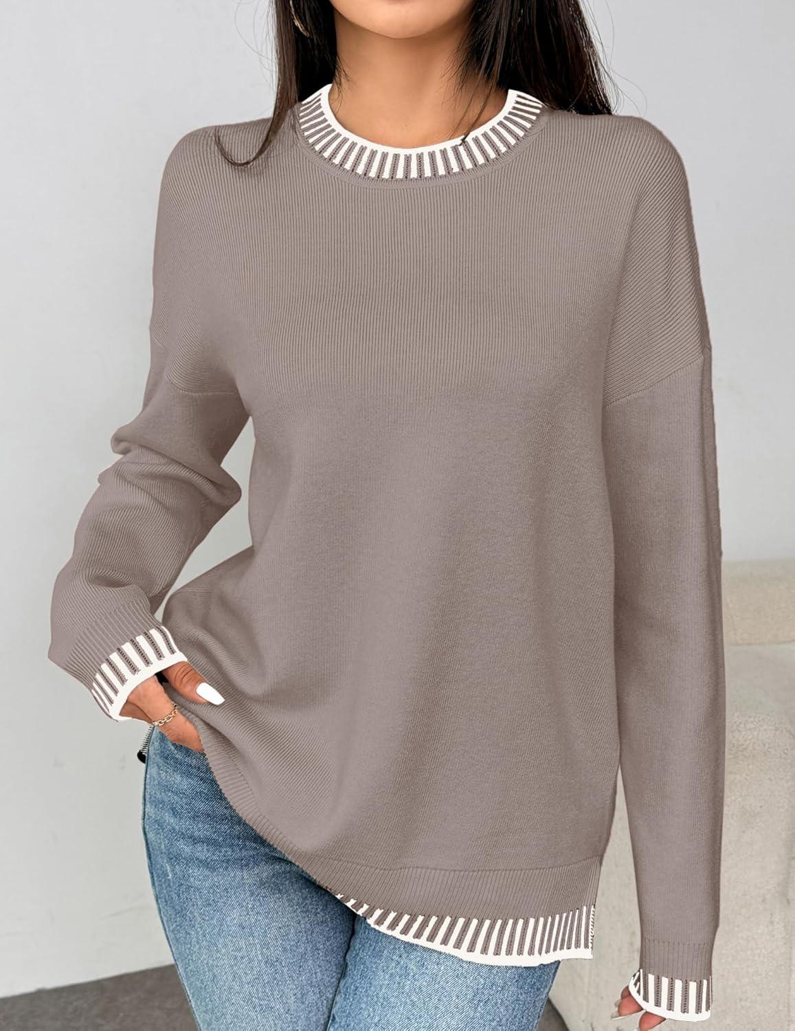 imageZeagoo Womens Crewneck Pullover Sweater Long Sleeve Knit Side Slit 2025 Fall Winter Sweater TopsKhaki