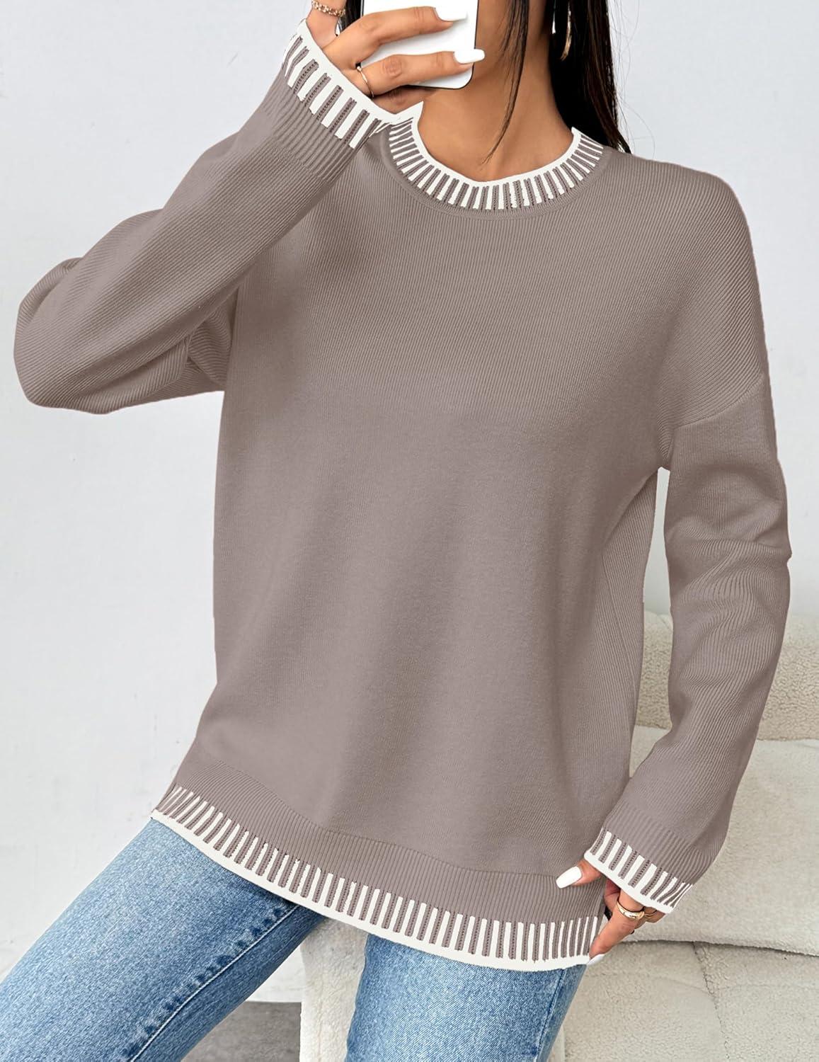 imageZeagoo Womens Crewneck Pullover Sweater Long Sleeve Knit Side Slit 2025 Fall Winter Sweater TopsKhaki