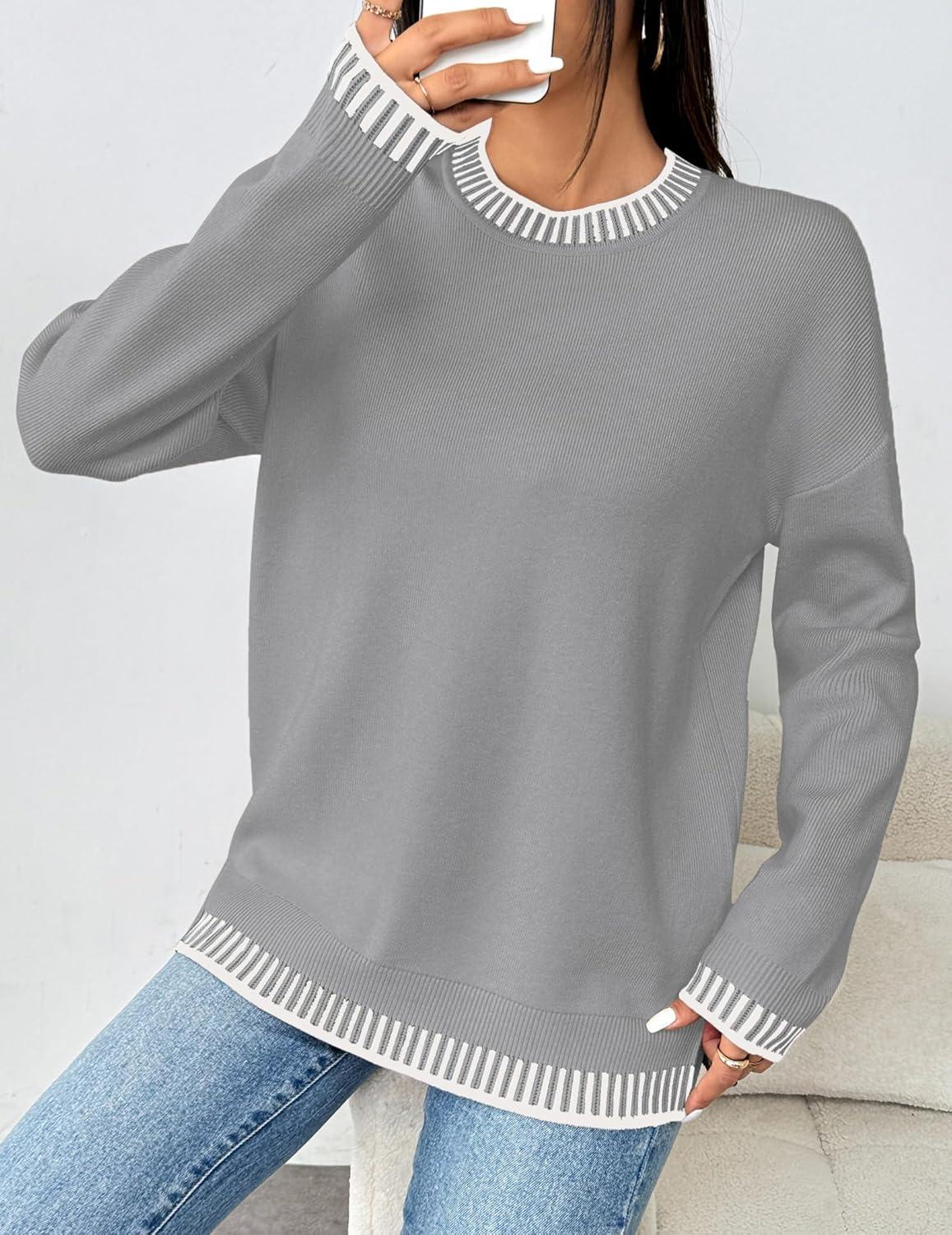 imageZeagoo Womens Crewneck Pullover Sweater Long Sleeve Knit Side Slit 2025 Fall Winter Sweater TopsLight Gray