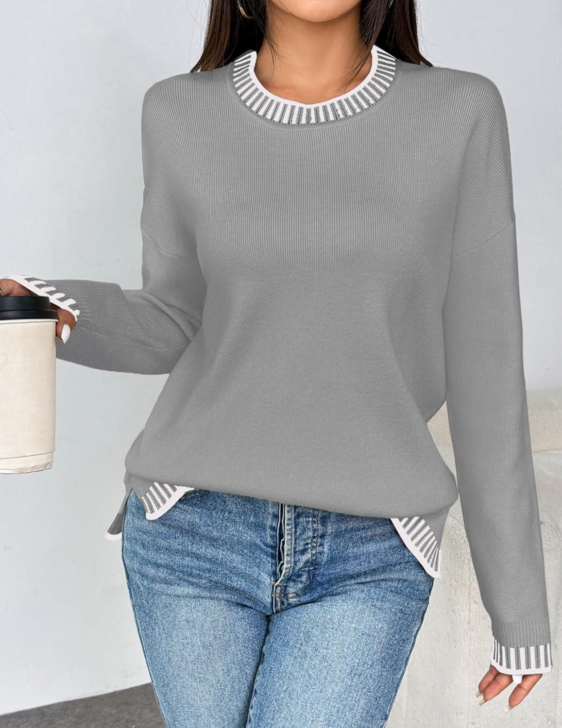 imageZeagoo Womens Crewneck Pullover Sweater Long Sleeve Knit Side Slit 2025 Fall Winter Sweater TopsLight Gray