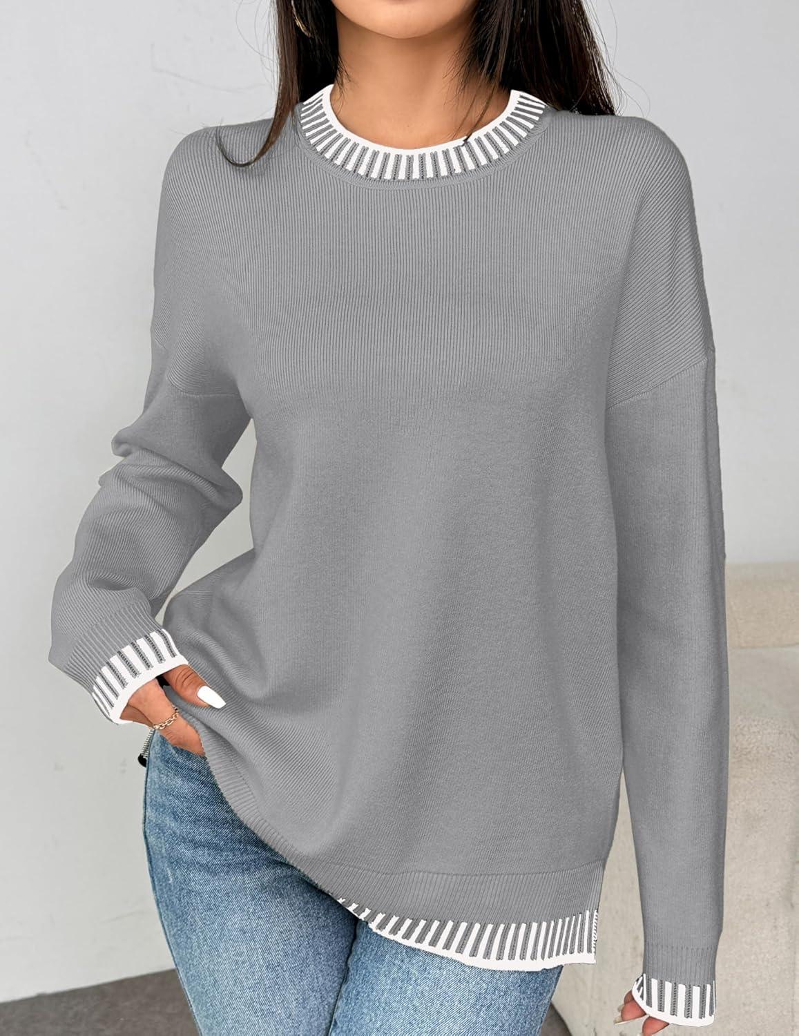 imageZeagoo Womens Crewneck Pullover Sweater Long Sleeve Knit Side Slit 2025 Fall Winter Sweater TopsLight Gray