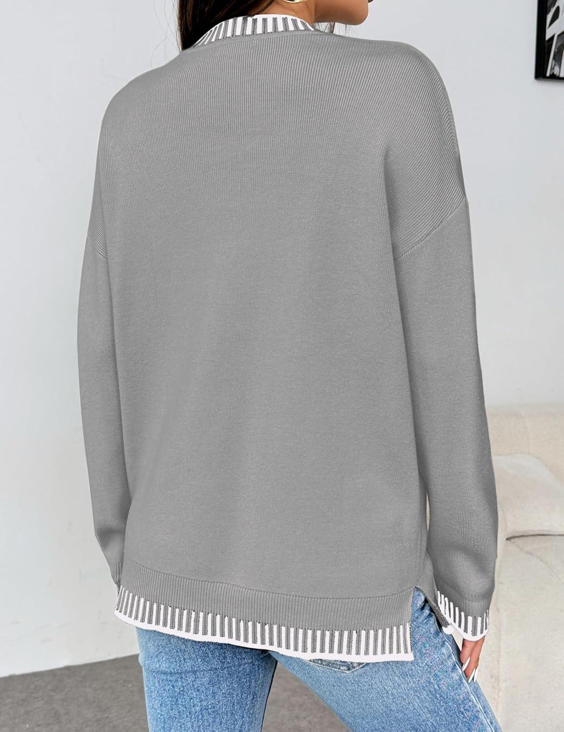 imageZeagoo Womens Crewneck Pullover Sweater Long Sleeve Knit Side Slit 2025 Fall Winter Sweater TopsLight Gray