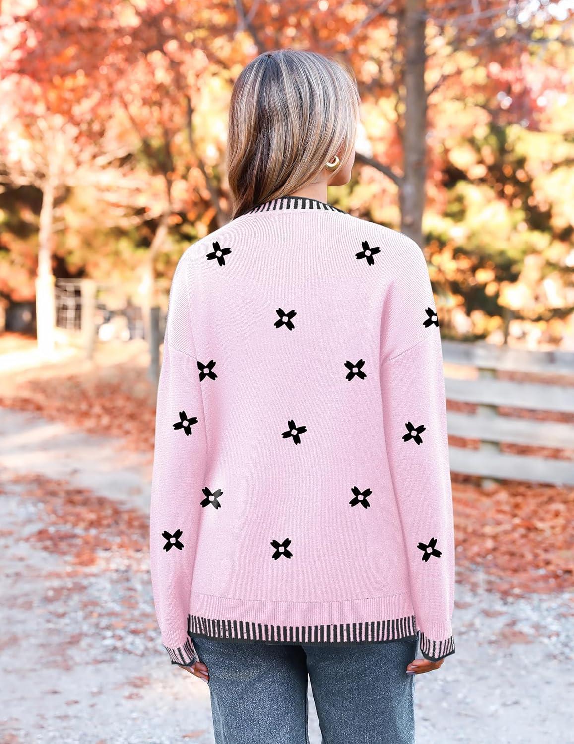 imageZeagoo Womens Crewneck Pullover Sweater Long Sleeve Knit Side Slit 2025 Fall Winter Sweater TopsPink Floral