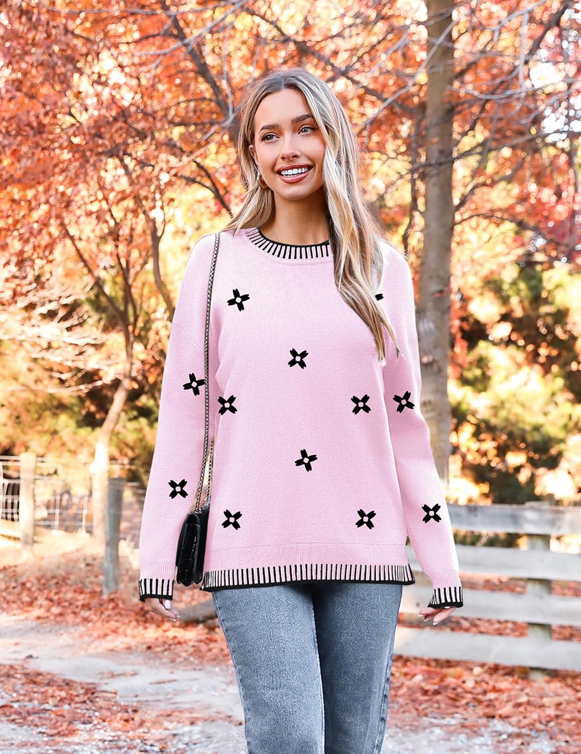 imageZeagoo Womens Crewneck Pullover Sweater Long Sleeve Knit Side Slit 2025 Fall Winter Sweater TopsPink Floral