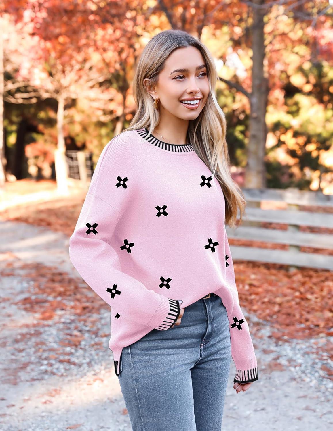 imageZeagoo Womens Crewneck Pullover Sweater Long Sleeve Knit Side Slit 2025 Fall Winter Sweater TopsPink Floral