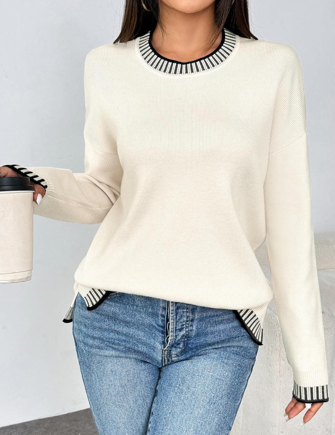 imageZeagoo Womens Crewneck Pullover Sweater Long Sleeve Knit Side Slit 2025 Fall Winter Sweater TopsWhite
