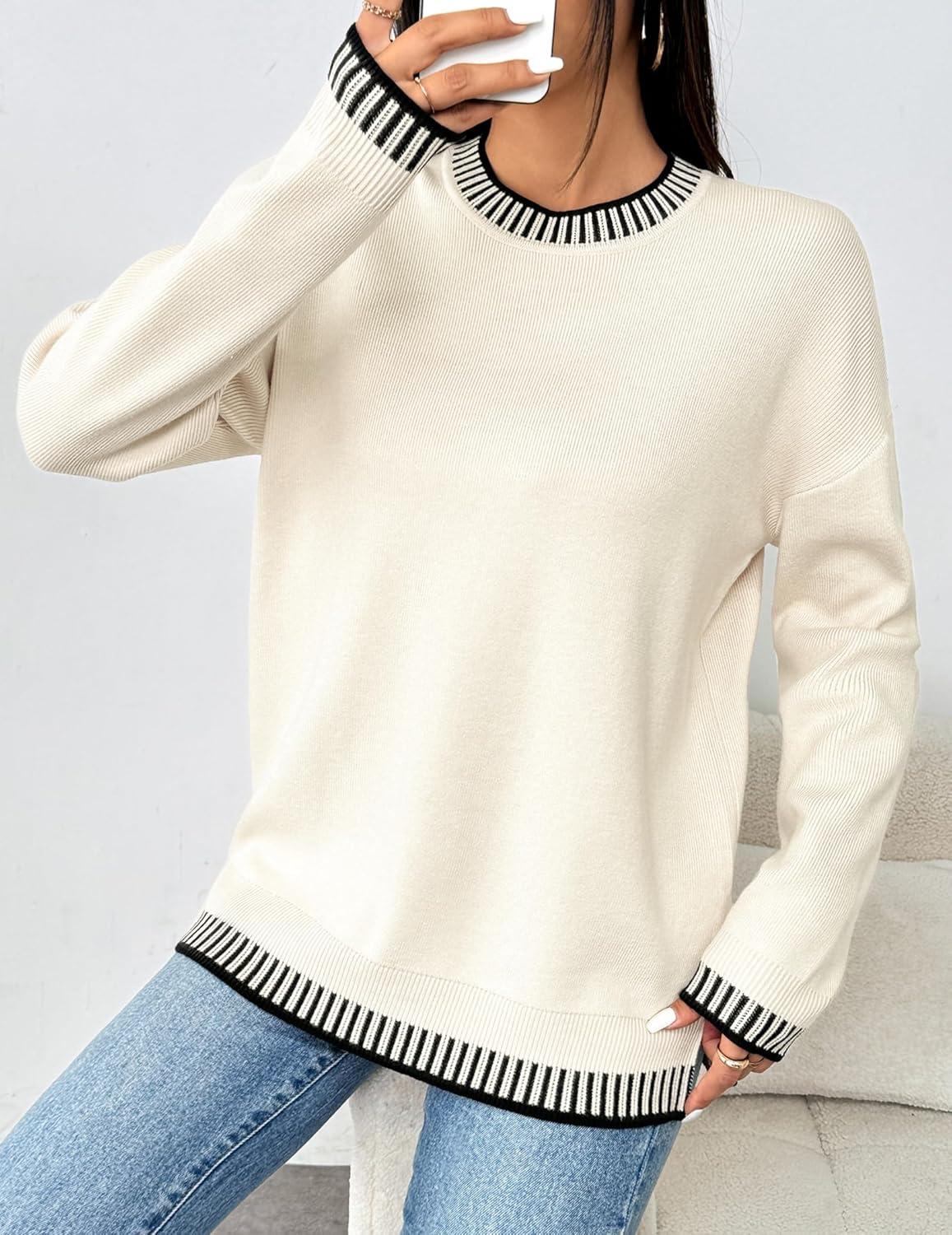 imageZeagoo Womens Crewneck Pullover Sweater Long Sleeve Knit Side Slit 2025 Fall Winter Sweater TopsWhite