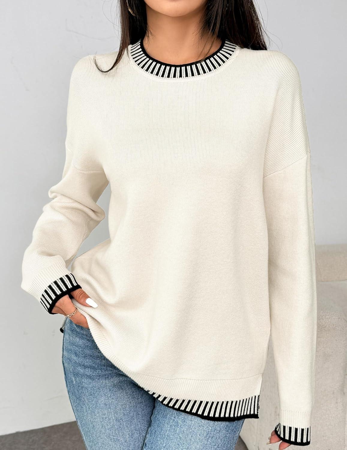 imageZeagoo Womens Crewneck Pullover Sweater Long Sleeve Knit Side Slit 2025 Fall Winter Sweater TopsWhite