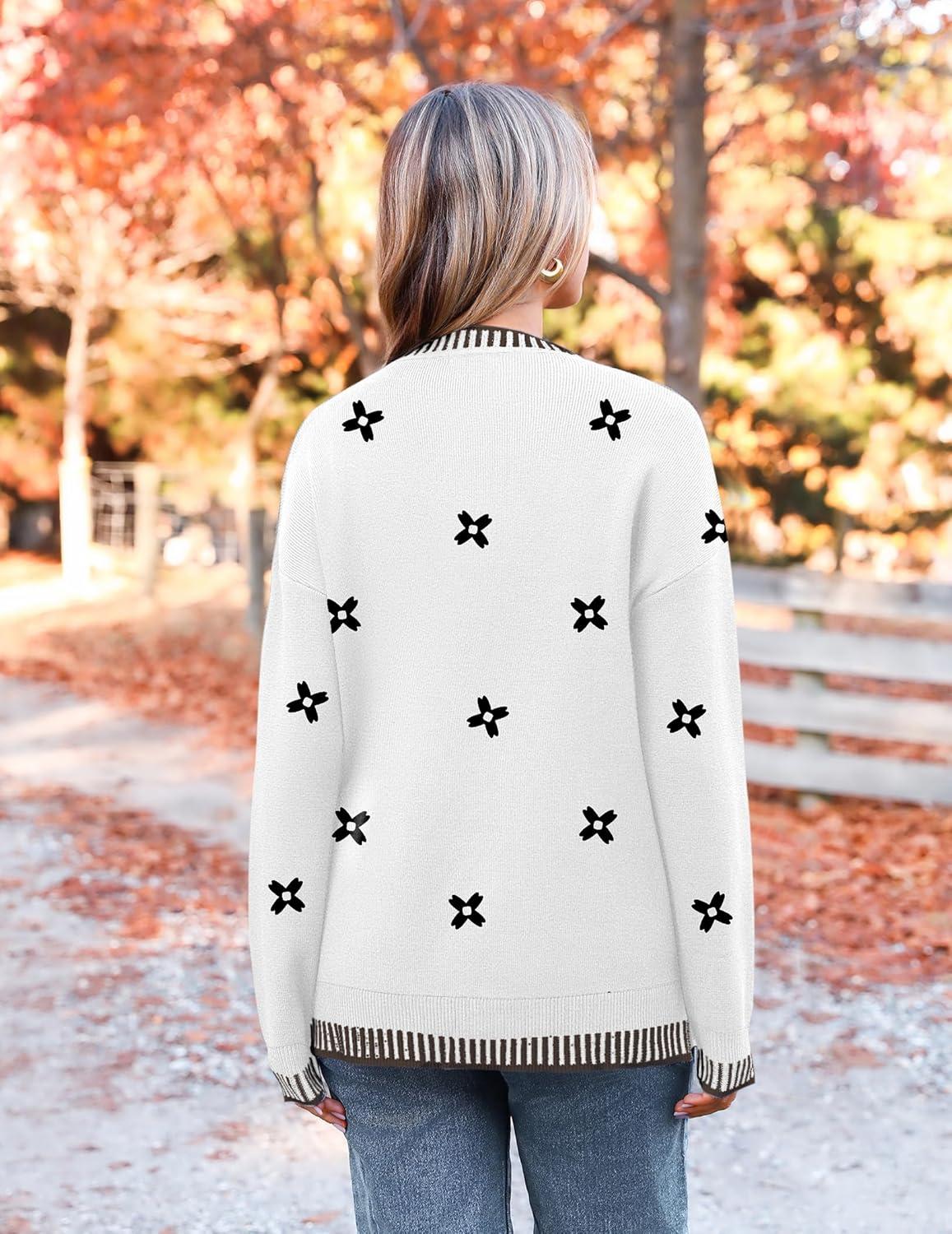 imageZeagoo Womens Crewneck Pullover Sweater Long Sleeve Knit Side Slit 2025 Fall Winter Sweater TopsWhite Floral