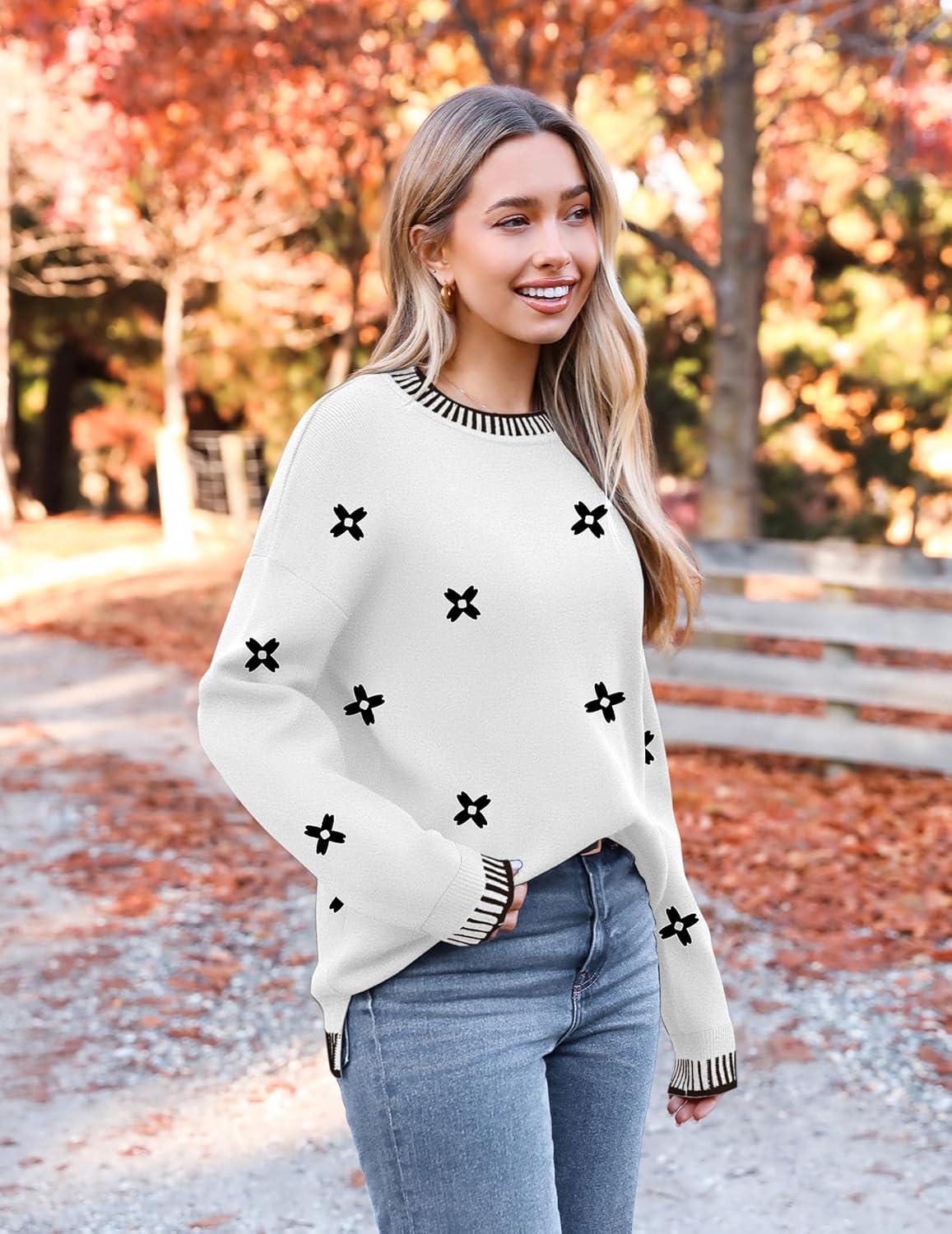 imageZeagoo Womens Crewneck Pullover Sweater Long Sleeve Knit Side Slit 2025 Fall Winter Sweater TopsWhite Floral