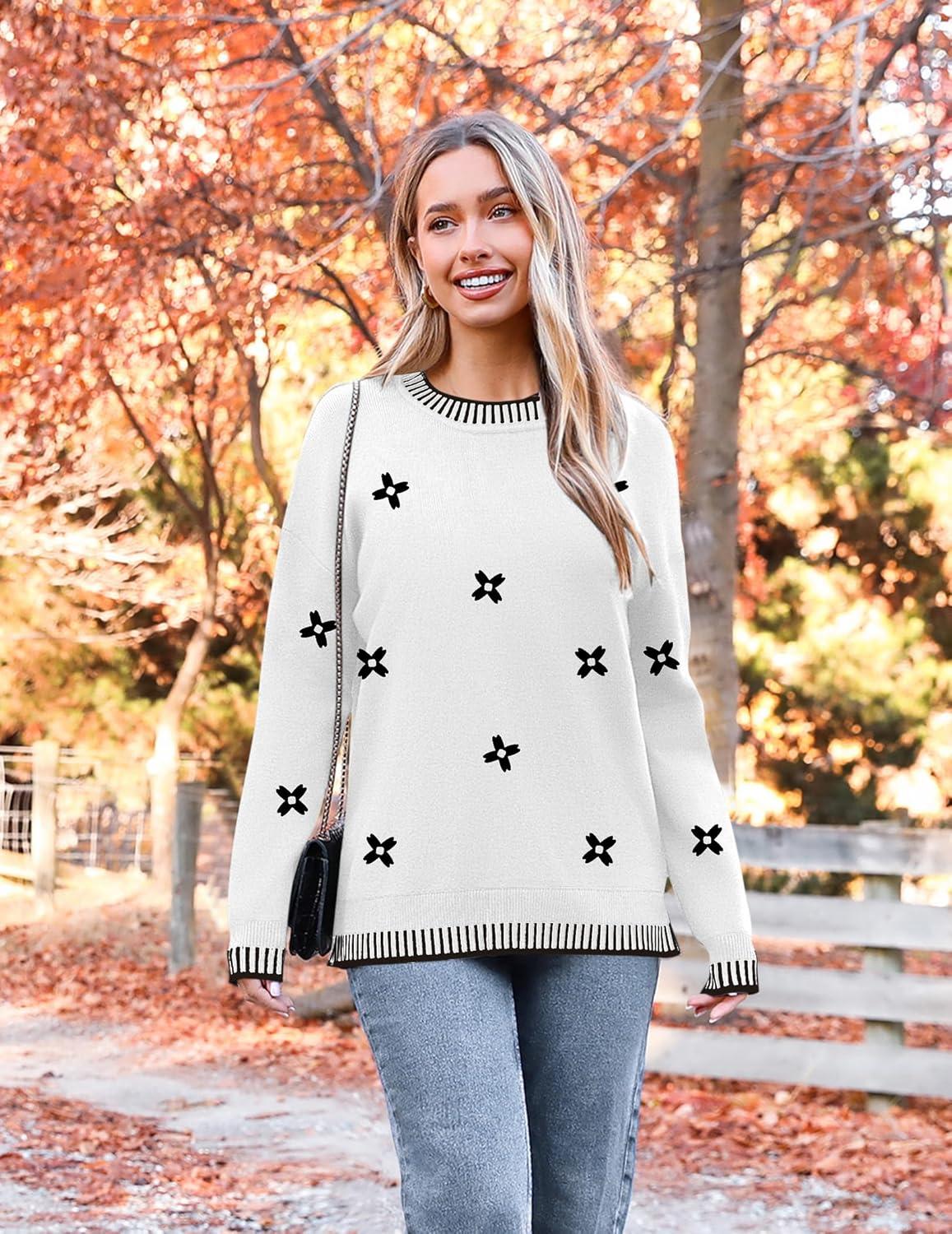 imageZeagoo Womens Crewneck Pullover Sweater Long Sleeve Knit Side Slit 2025 Fall Winter Sweater TopsWhite Floral