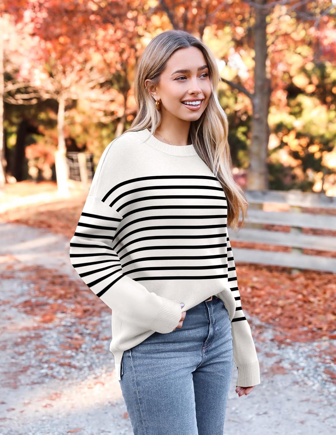 imageZeagoo Womens Crewneck Pullover Sweater Long Sleeve Knit Side Slit 2025 Fall Winter Sweater TopsWhite Stripe