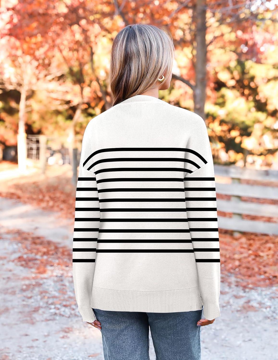 imageZeagoo Womens Crewneck Pullover Sweater Long Sleeve Knit Side Slit 2025 Fall Winter Sweater TopsWhite Stripe