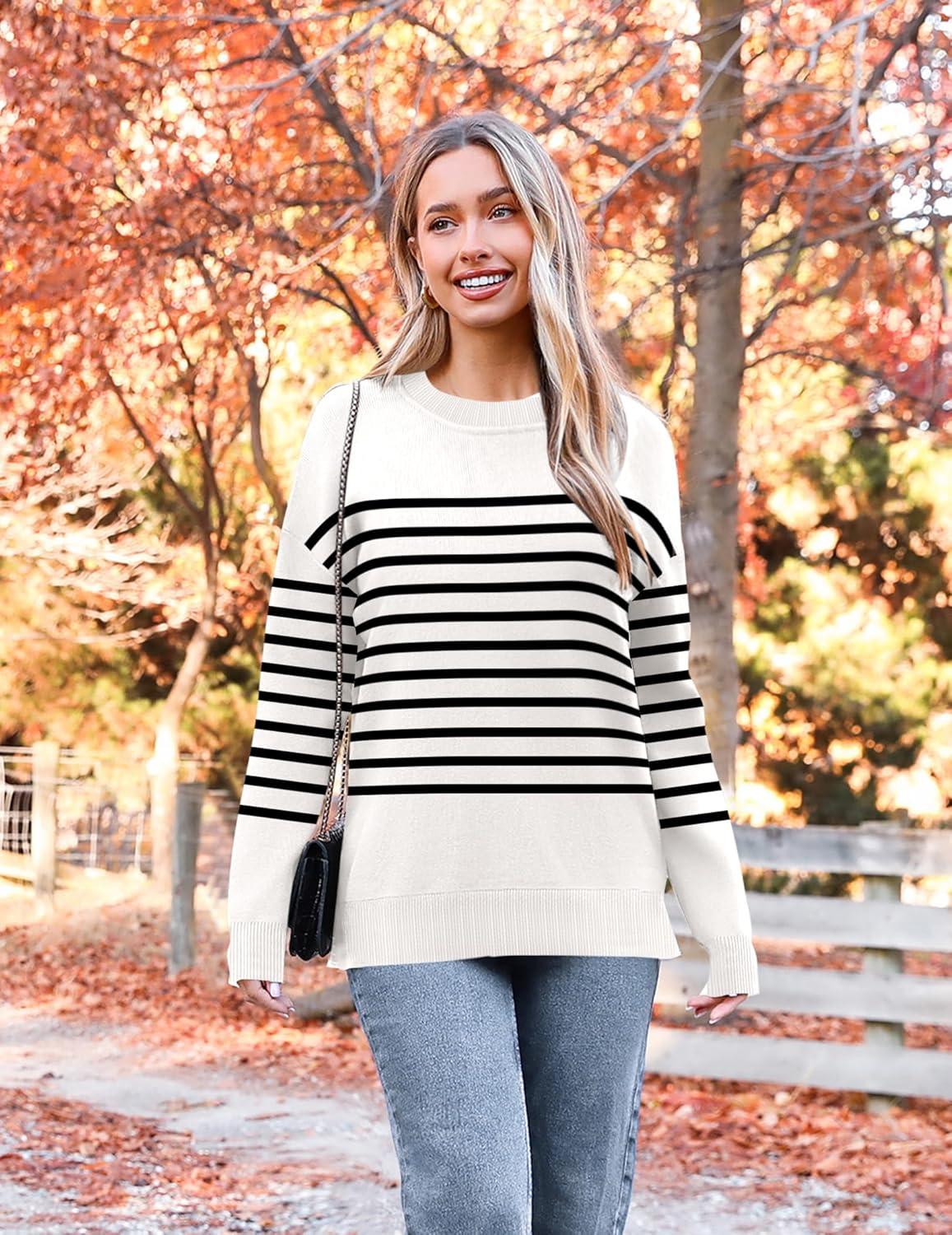imageZeagoo Womens Crewneck Pullover Sweater Long Sleeve Knit Side Slit 2025 Fall Winter Sweater TopsWhite Stripe