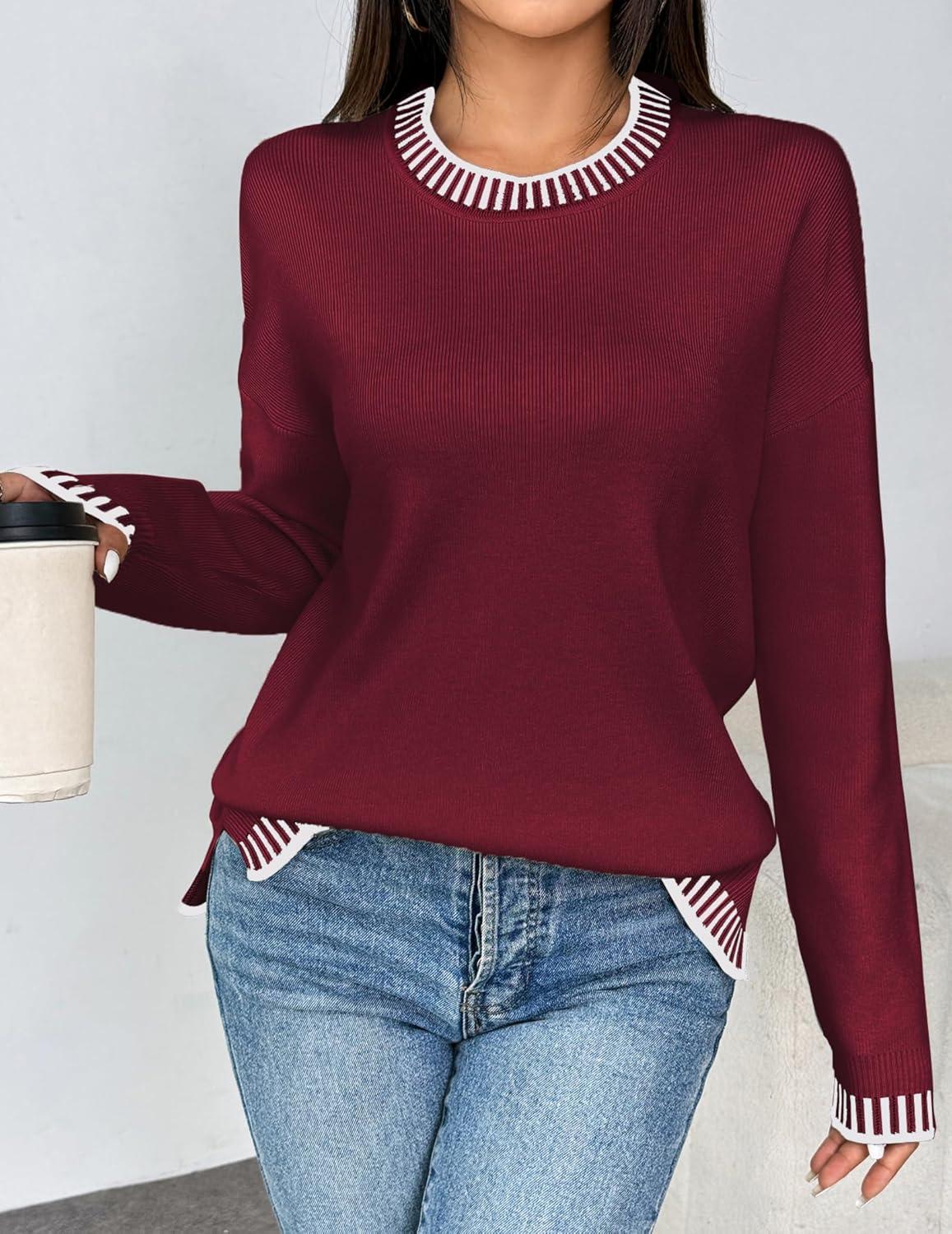 imageZeagoo Womens Crewneck Pullover Sweater Long Sleeve Knit Side Slit 2025 Fall Winter Sweater TopsWine Red
