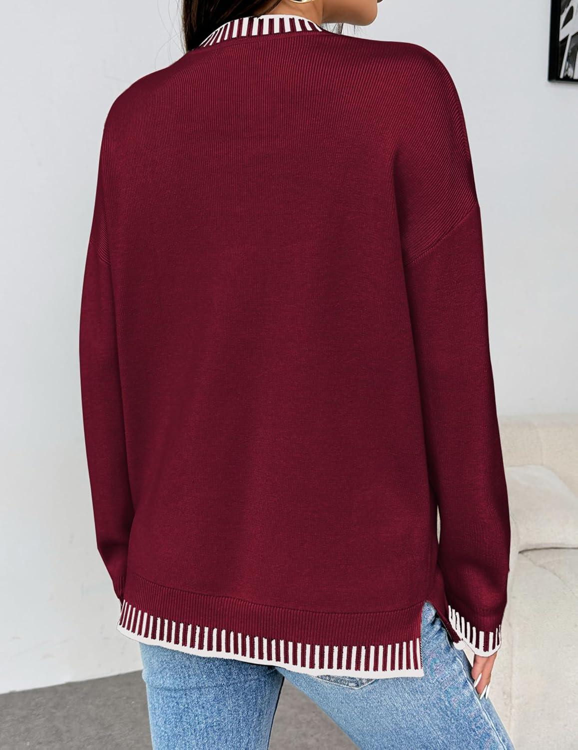 imageZeagoo Womens Crewneck Pullover Sweater Long Sleeve Knit Side Slit 2025 Fall Winter Sweater TopsWine Red