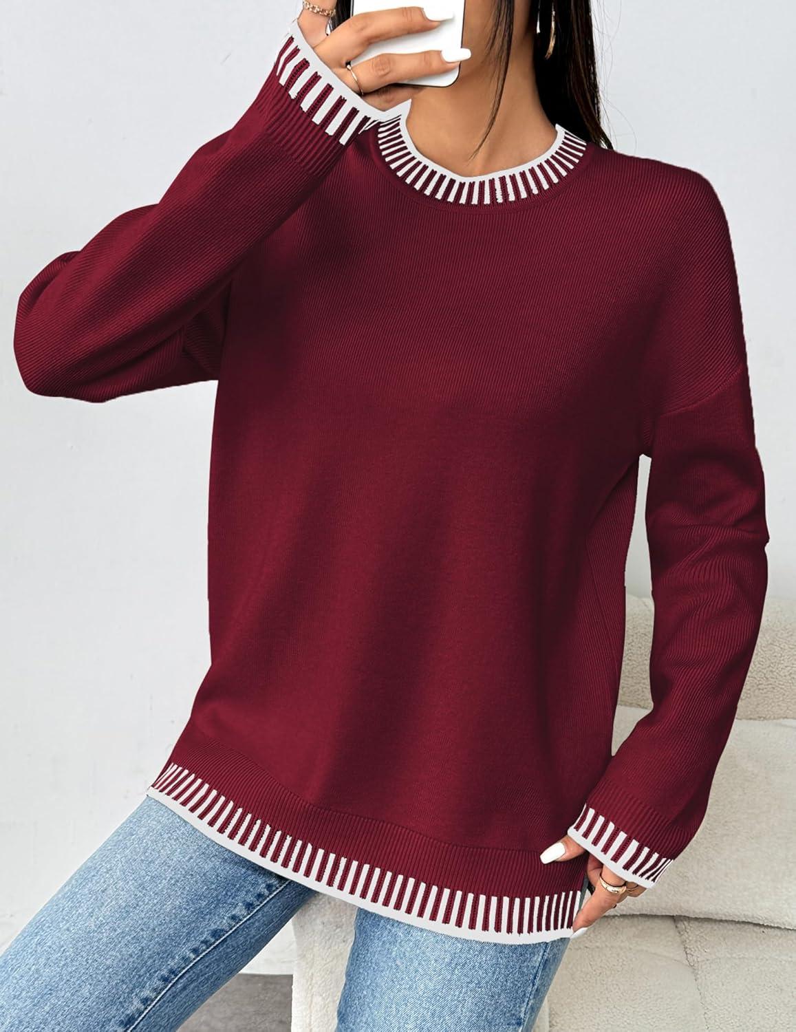 imageZeagoo Womens Crewneck Pullover Sweater Long Sleeve Knit Side Slit 2025 Fall Winter Sweater TopsWine Red