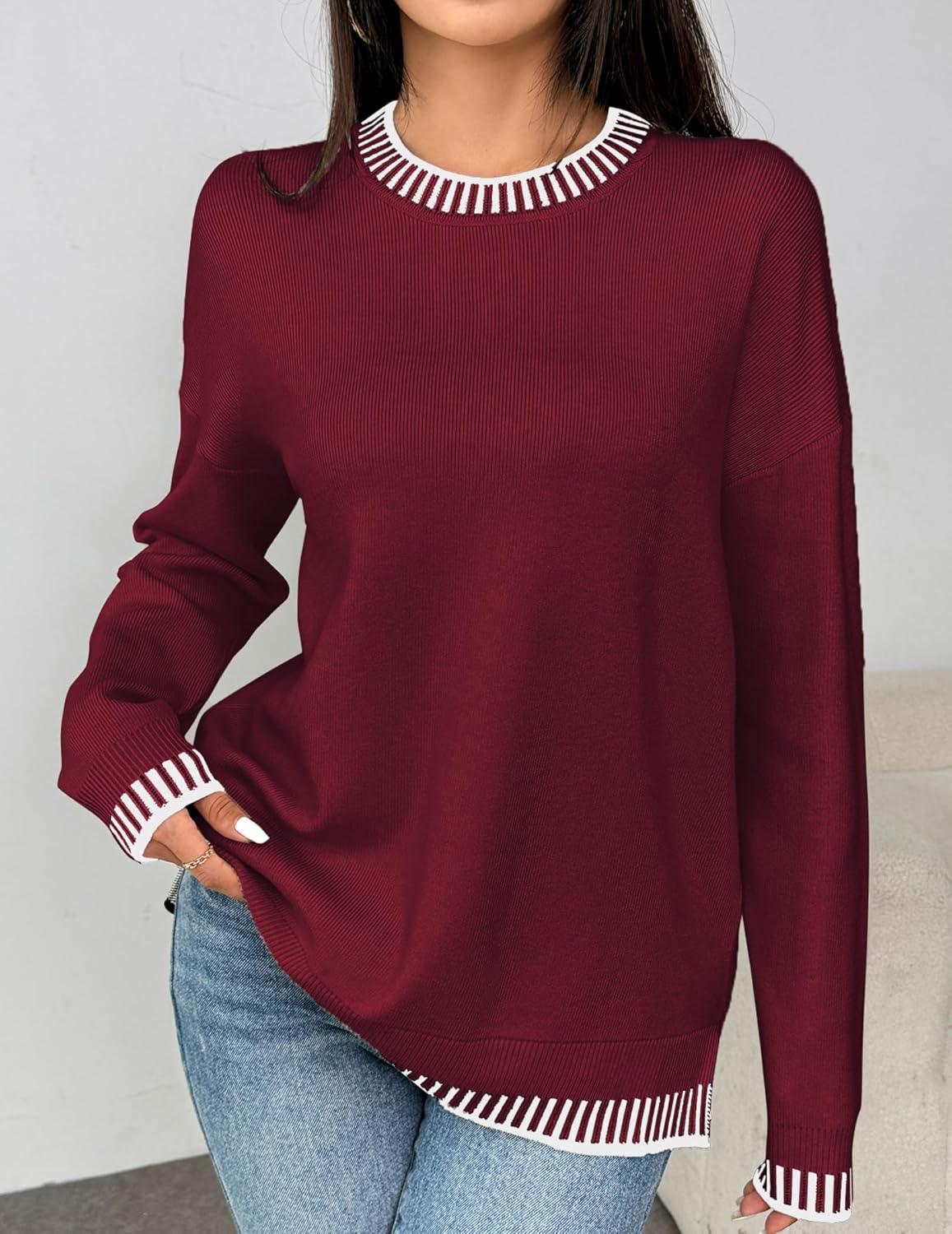 imageZeagoo Womens Crewneck Pullover Sweater Long Sleeve Knit Side Slit 2025 Fall Winter Sweater TopsWine Red