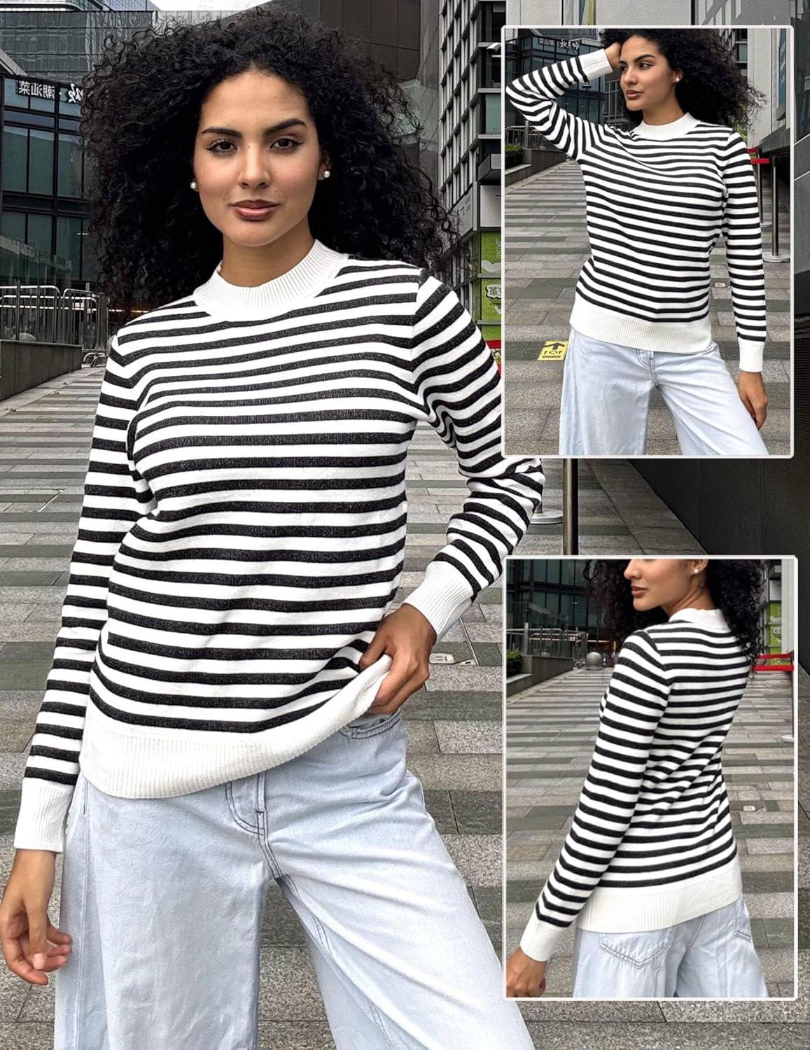 imageZeagoo Womens Fleece Sherpa Lined Sweater Mock Neck Long Sleeve Thermal Shirt 2026 Fall Winter Fuzzy Knit Jumper Tops SXXLWhite Black Stripe