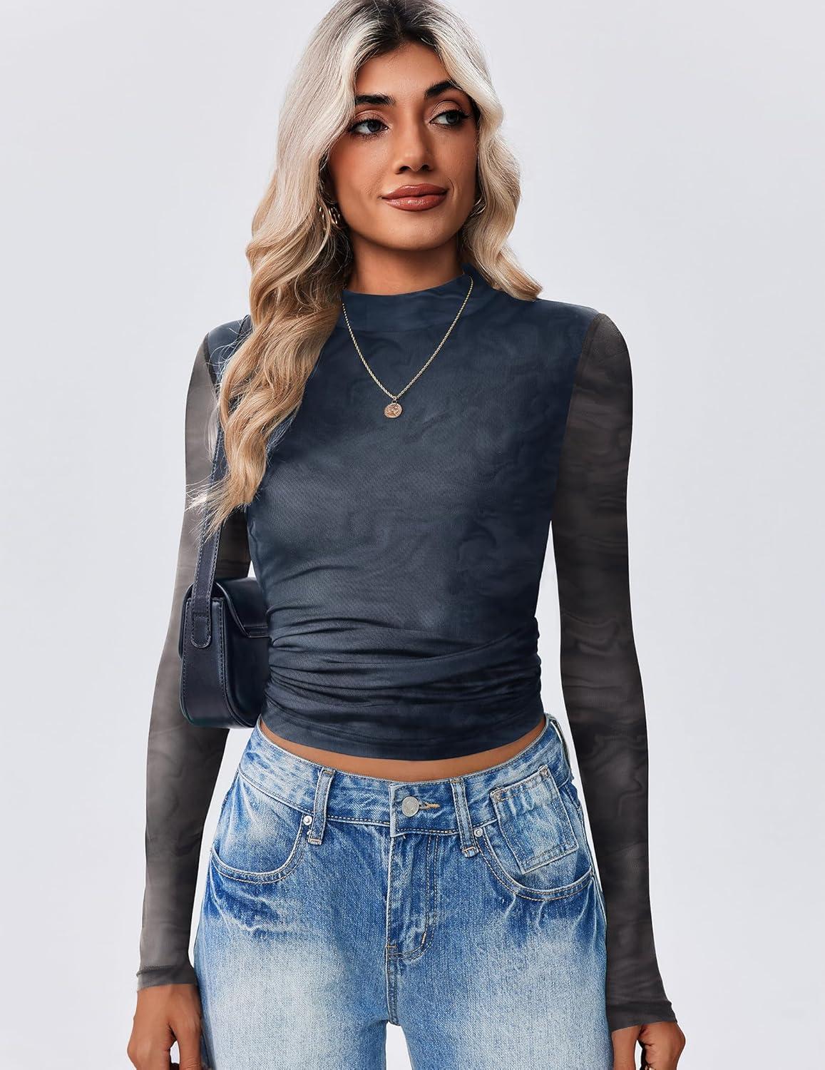 imageZeagoo Womens Floral Mesh Long Sleeve Tops See Through Going Out Blouses Mock Neck Sheer Party Outfits Shirts SXXLCx281