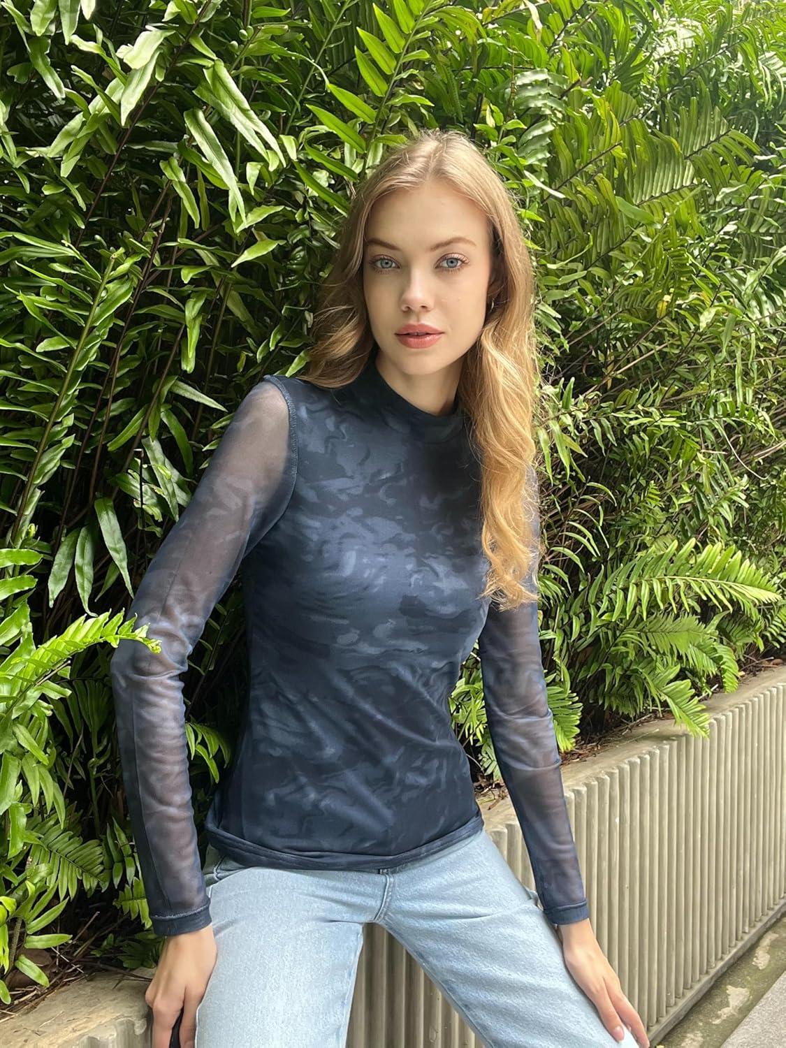 imageZeagoo Womens Floral Mesh Long Sleeve Tops See Through Going Out Blouses Mock Neck Sheer Party Outfits Shirts SXXLCx281