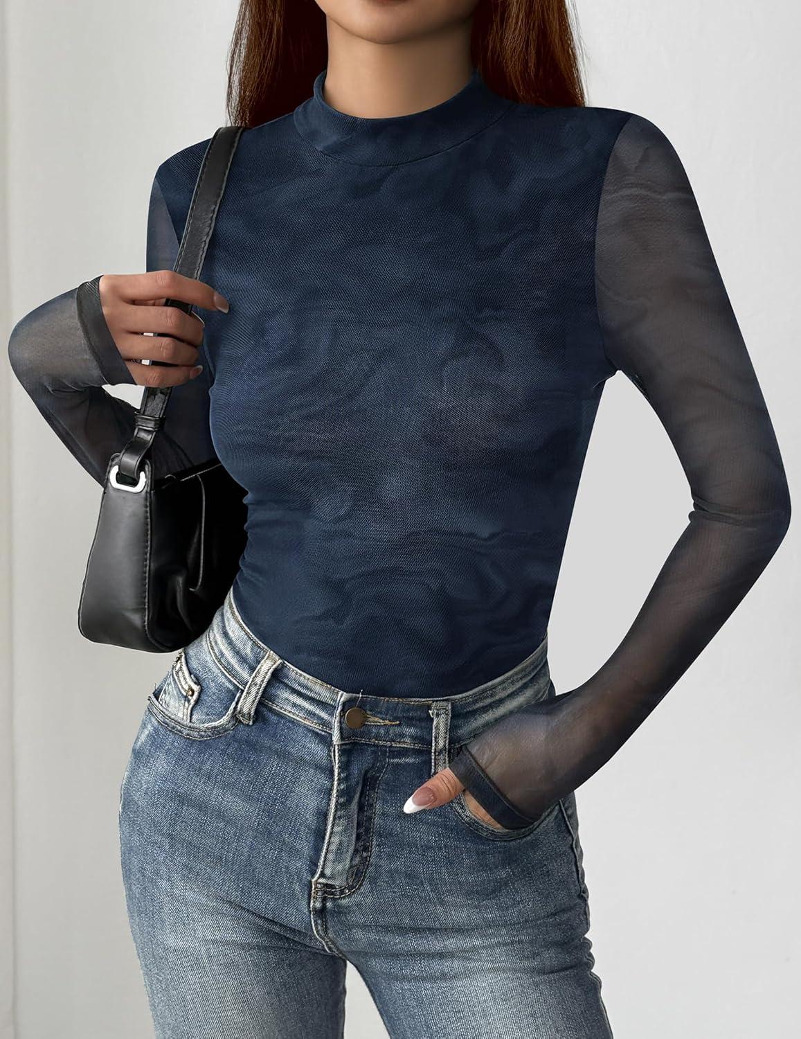 imageZeagoo Womens Floral Mesh Long Sleeve Tops See Through Going Out Blouses Mock Neck Sheer Party Outfits Shirts SXXLCx281