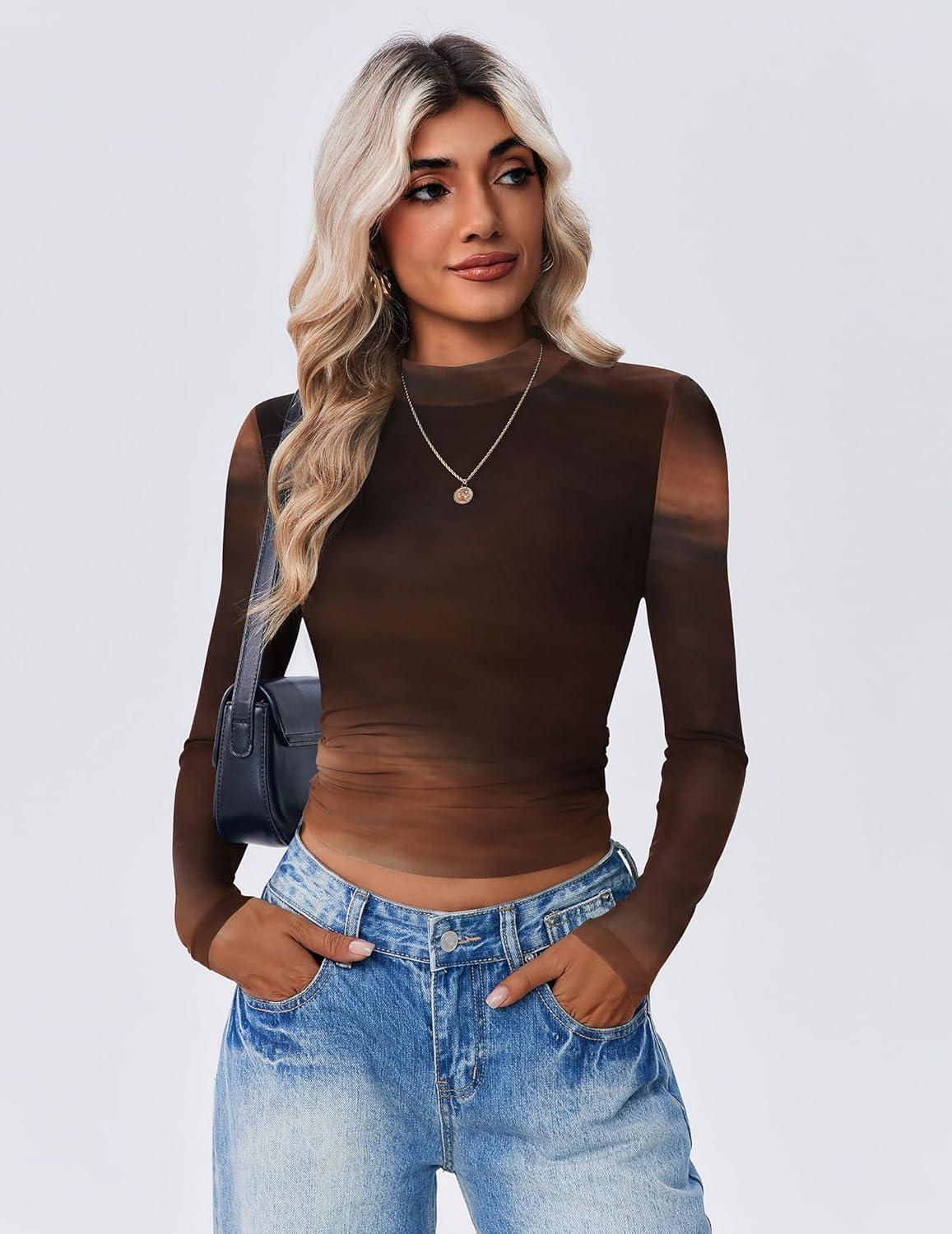 imageZeagoo Womens Floral Mesh Long Sleeve Tops See Through Going Out Blouses Mock Neck Sheer Party Outfits Shirts SXXLCx292