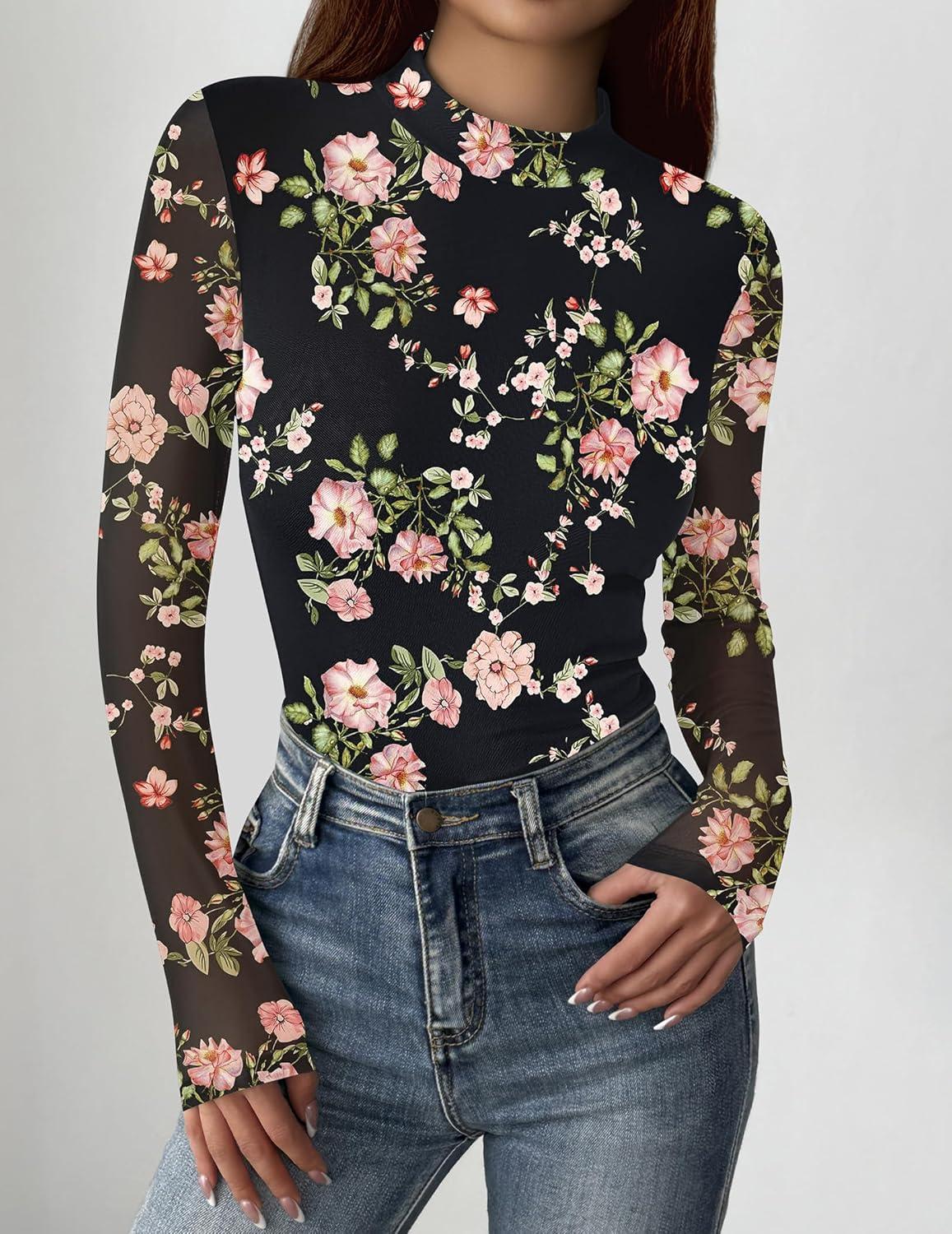 imageZeagoo Womens Floral Mesh Long Sleeve Tops See Through Going Out Blouses Mock Neck Sheer Party Outfits Shirts SXXLDh882