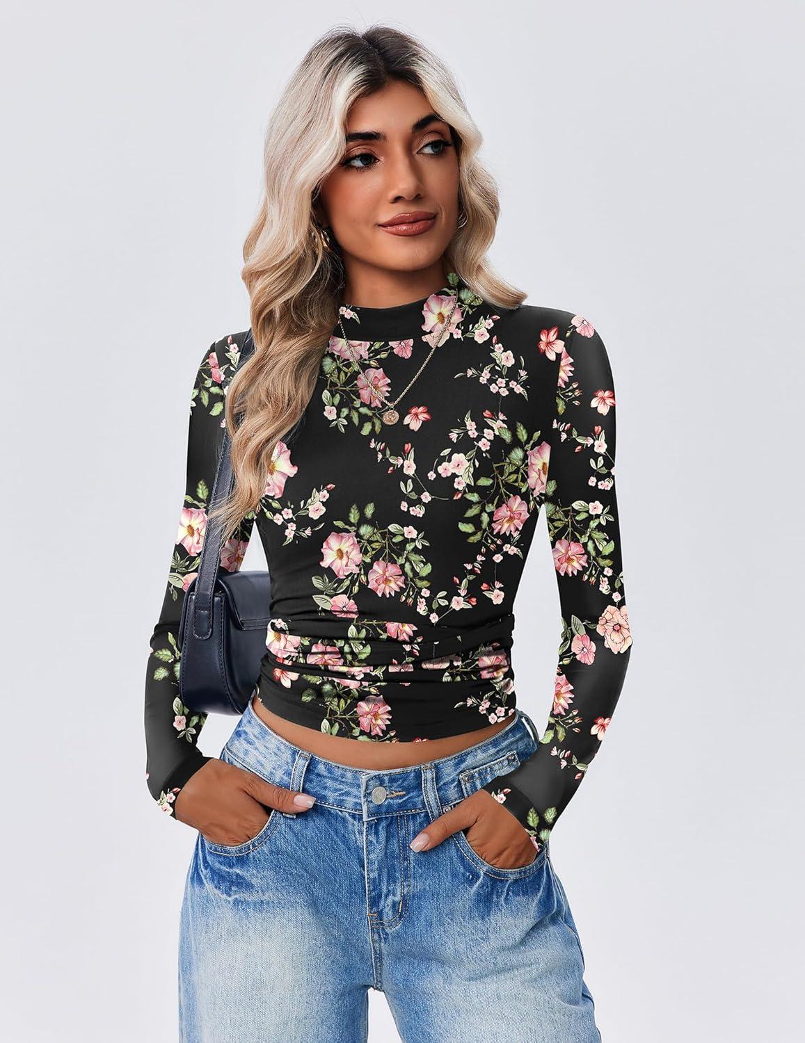 imageZeagoo Womens Floral Mesh Long Sleeve Tops See Through Going Out Blouses Mock Neck Sheer Party Outfits Shirts SXXLDh882