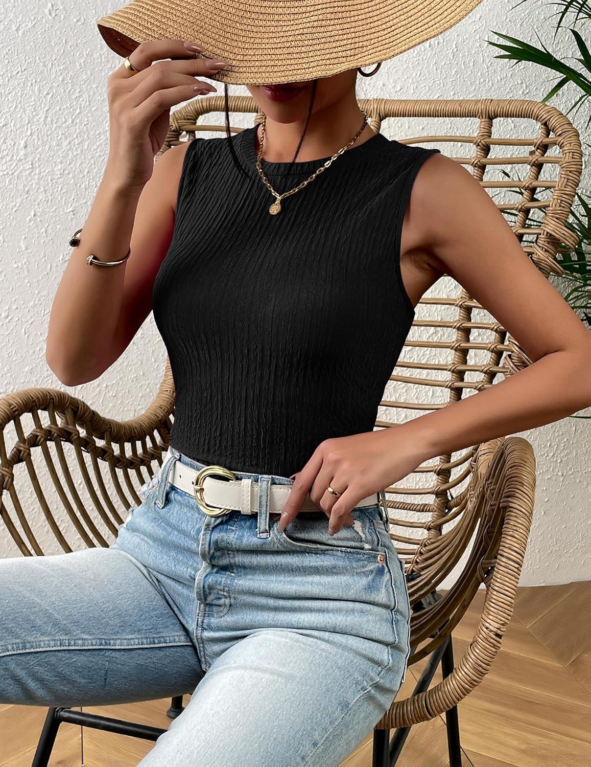 imageZeagoo Womens High Neck Tank Top 2026 Summer Casual Ribbed Knit Slim Fitted Basic Textured Sleeveless ShirtsBlack