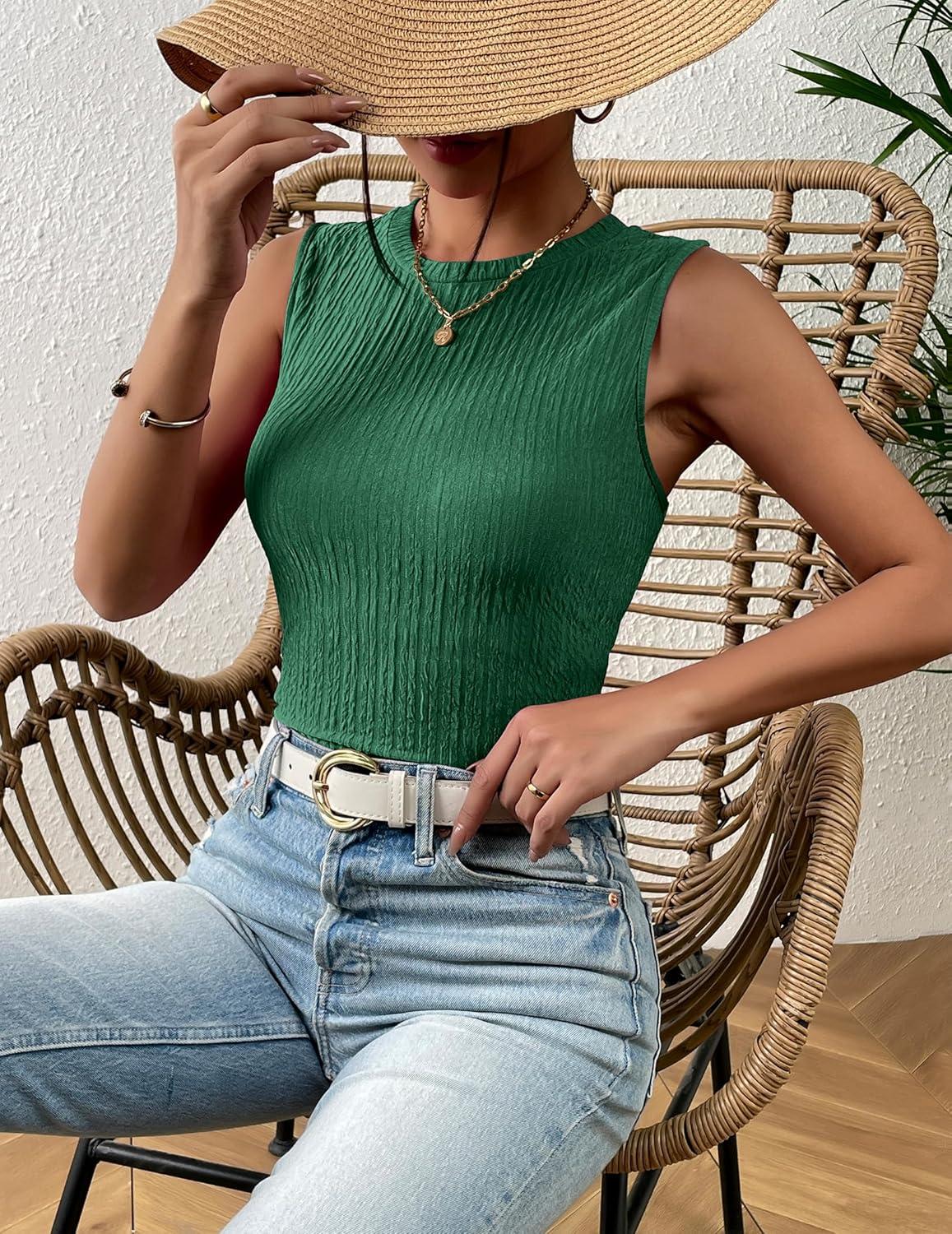 imageZeagoo Womens High Neck Tank Top 2026 Summer Casual Ribbed Knit Slim Fitted Basic Textured Sleeveless ShirtsGreen