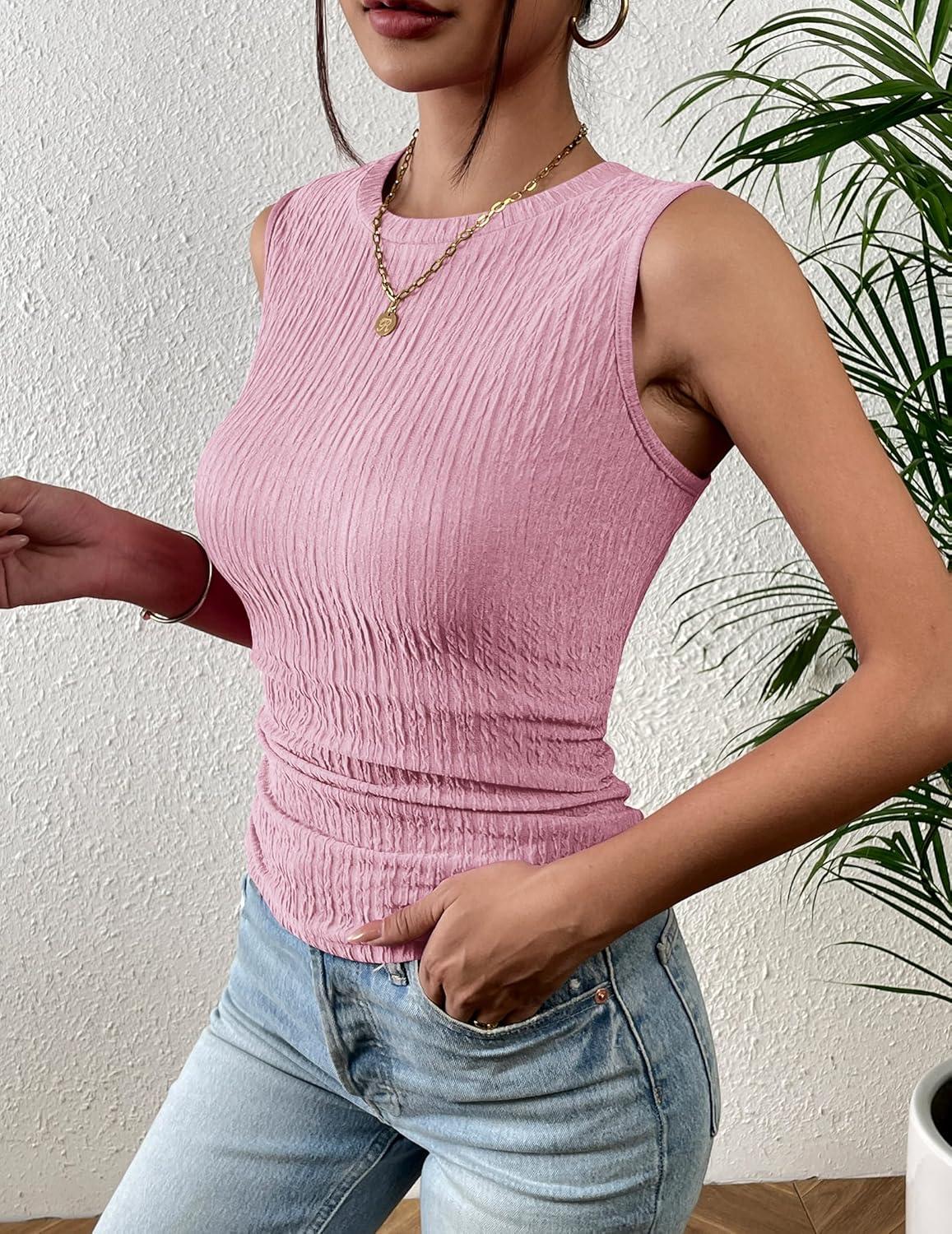 imageZeagoo Womens High Neck Tank Top 2026 Summer Casual Ribbed Knit Slim Fitted Basic Textured Sleeveless ShirtsLight Pink
