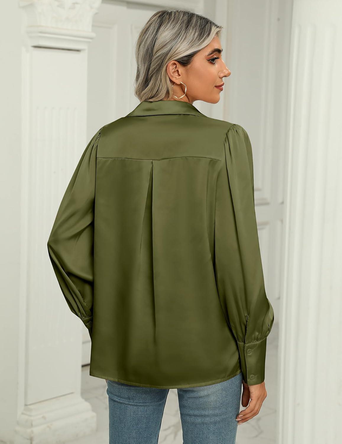imageZeagoo Womens Satin Blouse Lantern Long Sleeve Silk Button Down Shirt Dressy Casual Business Work Tunic TopsArmy Green